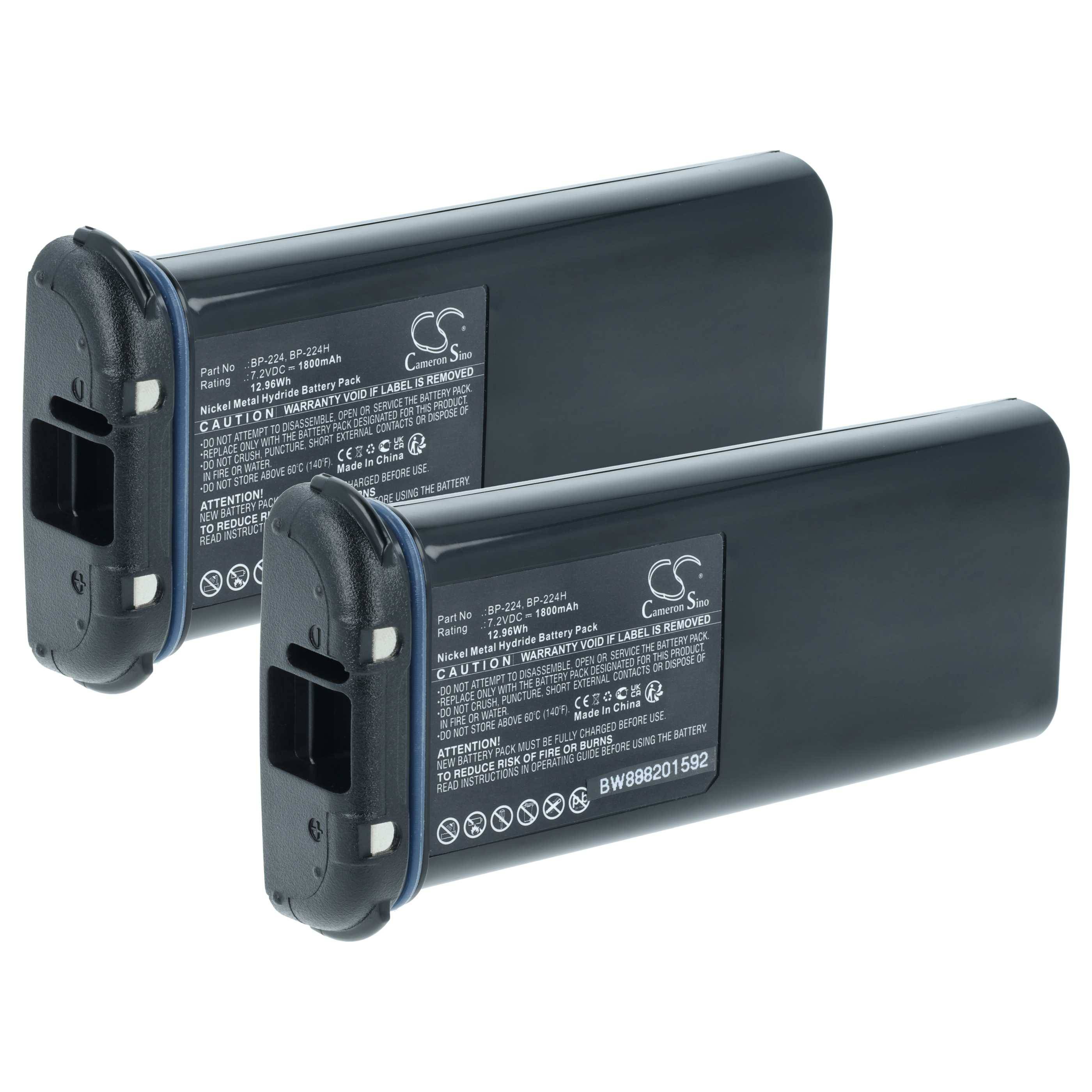 Zwei schwarze Akkupacks mit Etiketten, die Spezifikationen und Sicherheitswarnungen zeigen, diagonal positioniert, die das Produktdesign und die Funktionalität hervorheben.