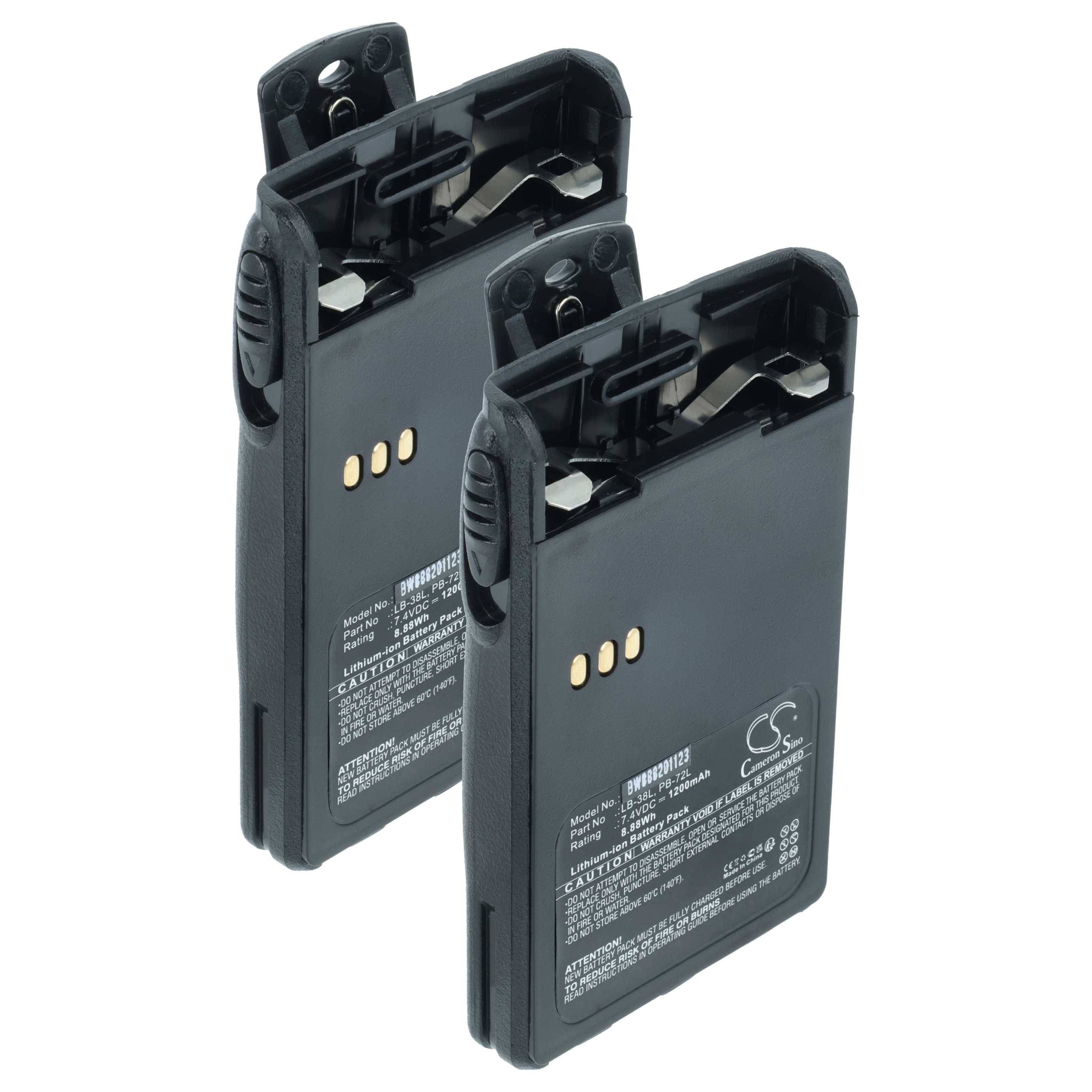 Zwei schwarze wiederaufladbare Batterien mit sichtbaren Kontaktpunkten und Warnhinweistext, die nebeneinander aufrecht vor einem weißen Hintergrund stehen.