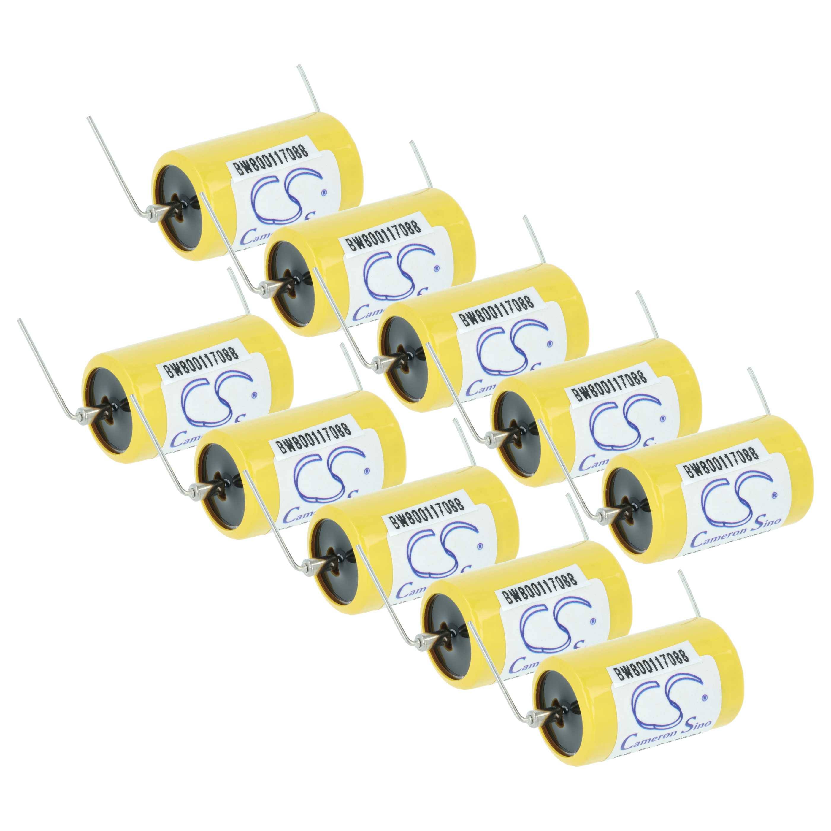 Zehn gelbe Audio-Kondensatoren mit Drähten an jedem Ende, mit einem Logo und Seriennummern beschriftet, in zwei Reihen angeordnet.