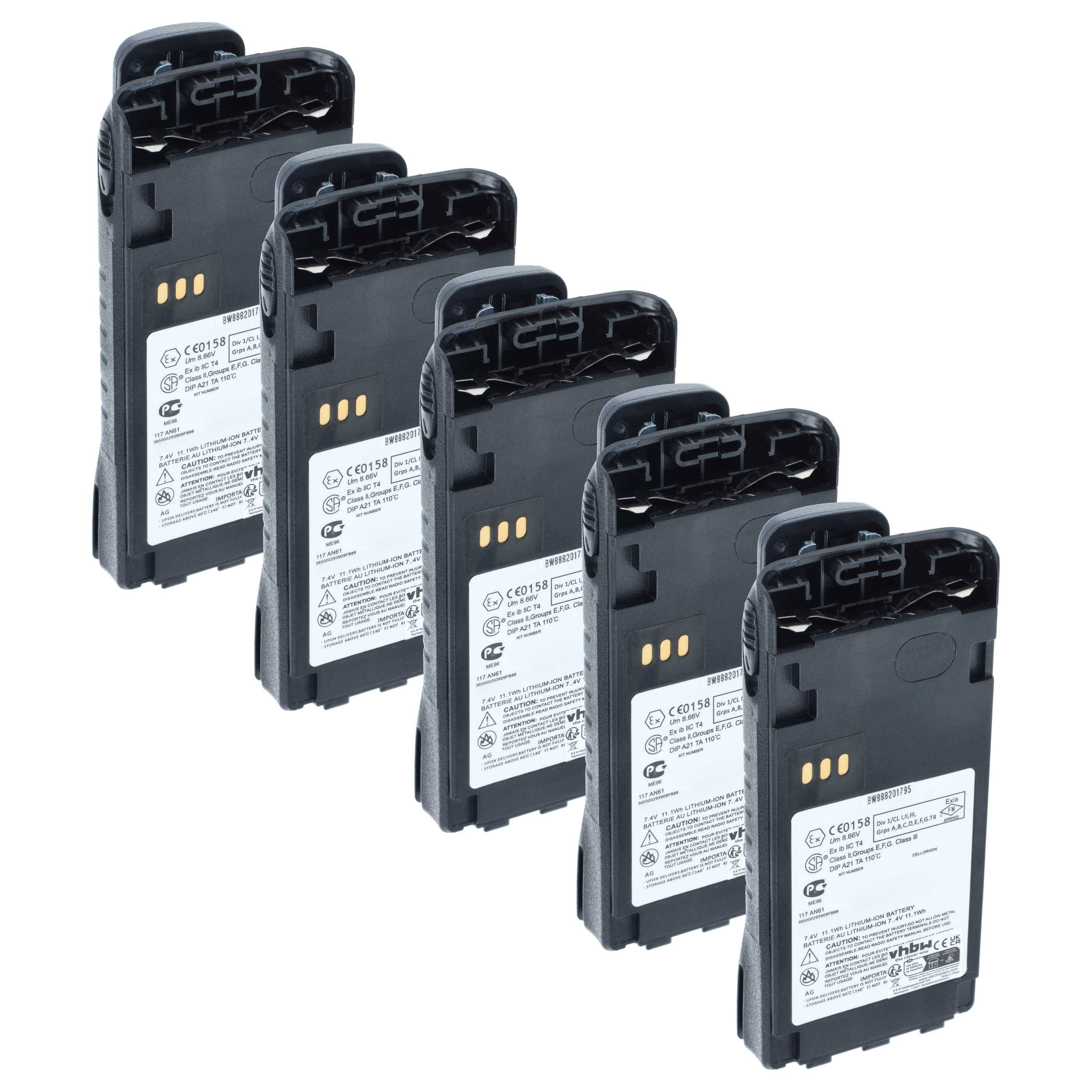 Fünf schwarze wiederaufladbare Kameras​batterien in einer versetzten Reihe auf weißem Hintergrund angeordnet.