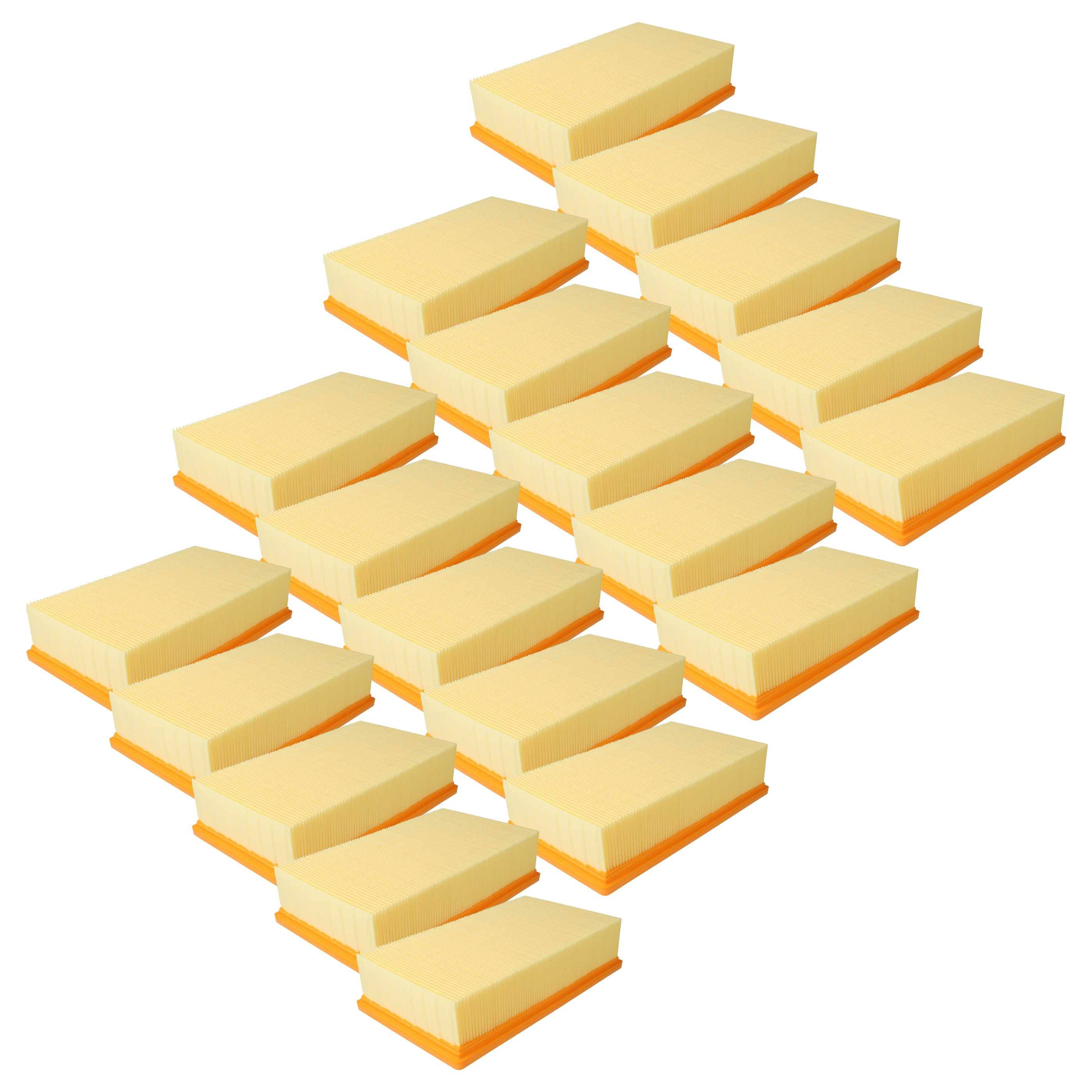 Siebzehn gelbe und orangefarbene Schwämme, die in vier versetzten Reihen angeordnet sind, wobei jeder Schwamm eine strapazierfähige Scheuroberfläche aufweist.