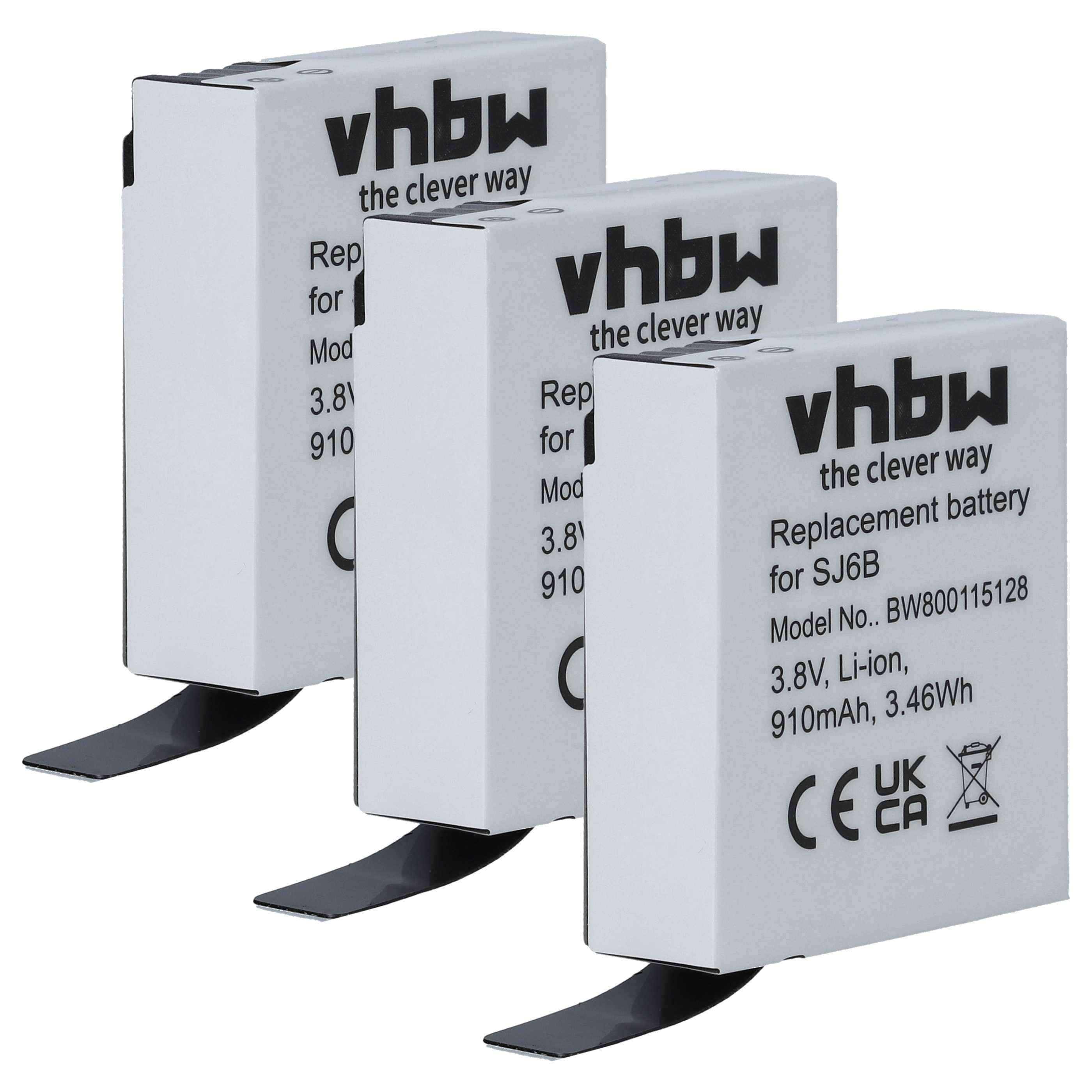 Drei weiße Ersatzbatterien mit der Bezeichnung 'vhbw' für das Modell SJ6B, 3,8V, Li-Ion, 910mAh, 3,46Wh. Jede Batterie steht auf einer schwarzen Basis.