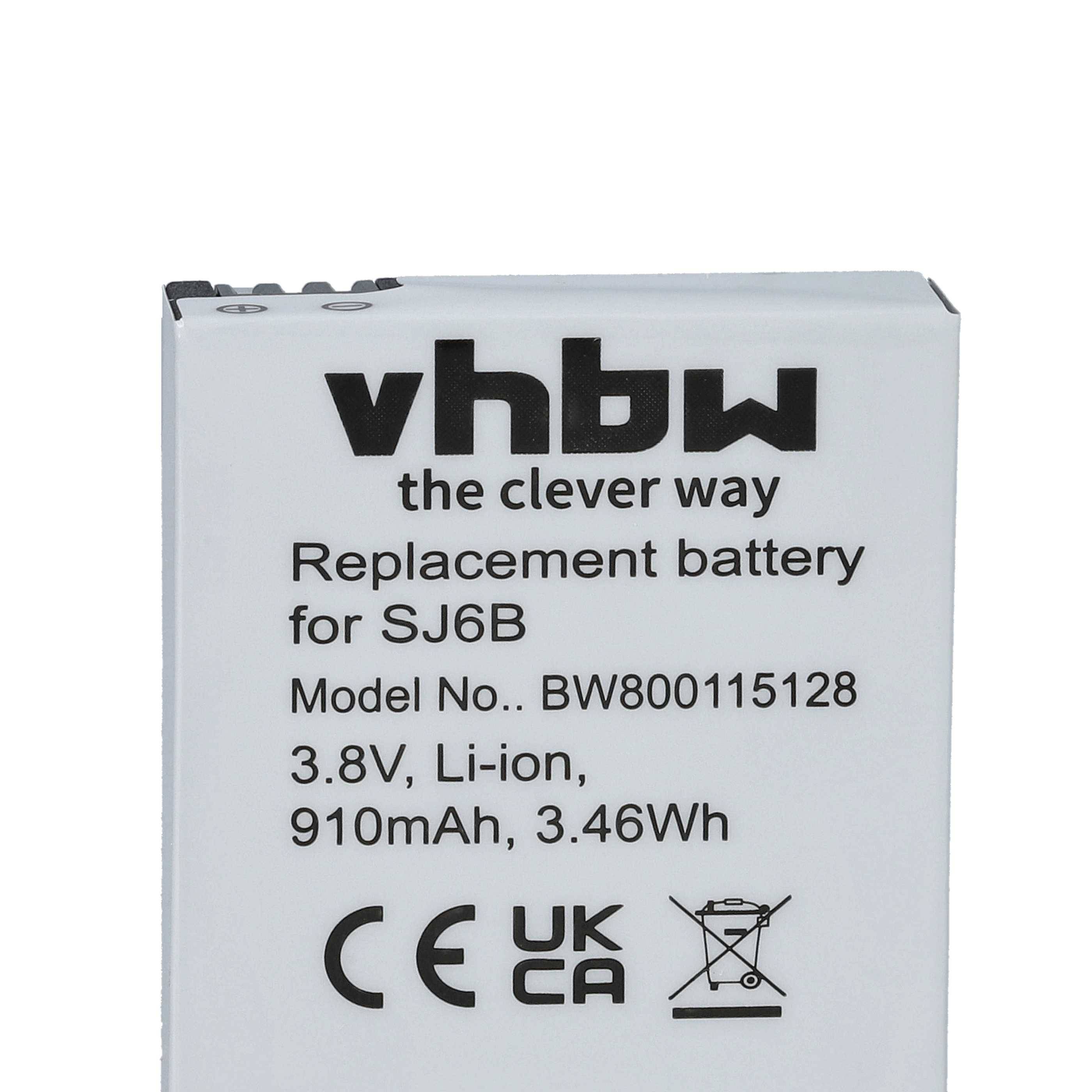 Ersatzbatterie für SJ6B, 3,8V, 910mAh. Modell: BW800115128. Etiketten umfassen CE und UKCA.