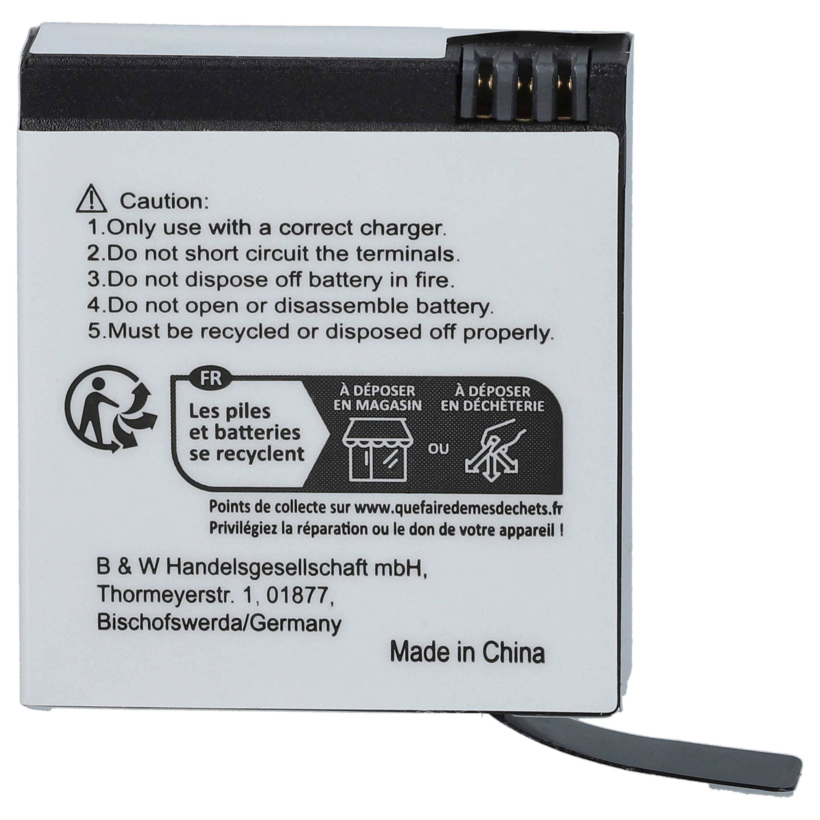 Ein quadratischer Akku mit Sicherheitshinweisen in mehreren Sprachen, mit Schwerpunkt auf korrekter Ladegerätnutzung, Anschlussklemmen-Schutz und sachgemäßer Entsorgung. Hergestellt in China.