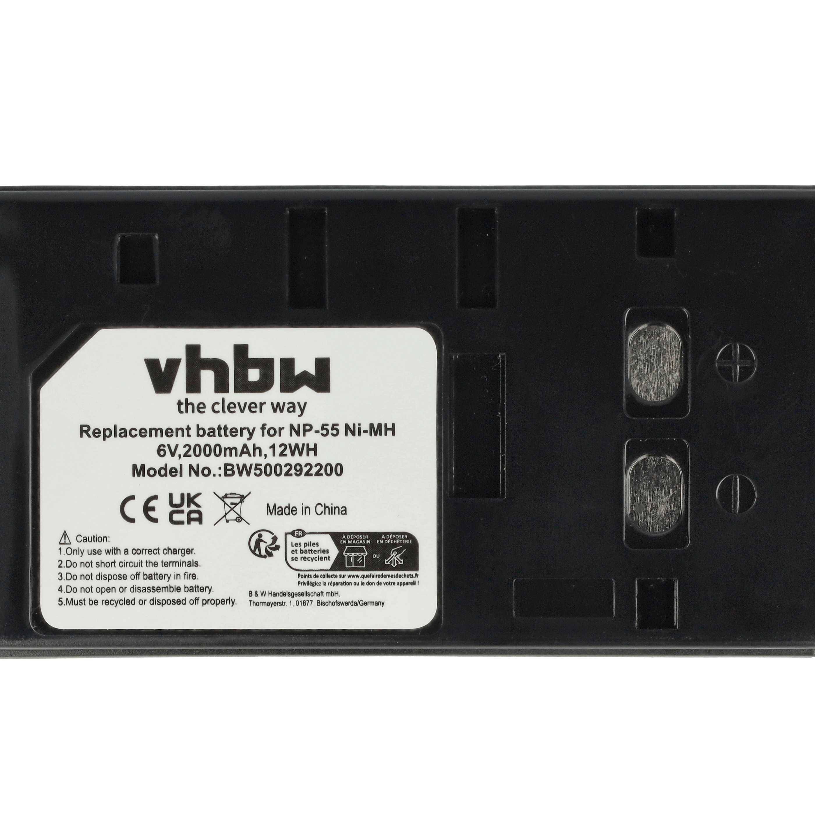 Ersatzbatterie mit der Bezeichnung 'vhbw', Modell BW500292200, 6V, 2000mAh, 12Wh für NP-55 Ni-MH Geräte, mit Warnhinweis- und Recycling-Symbolen.