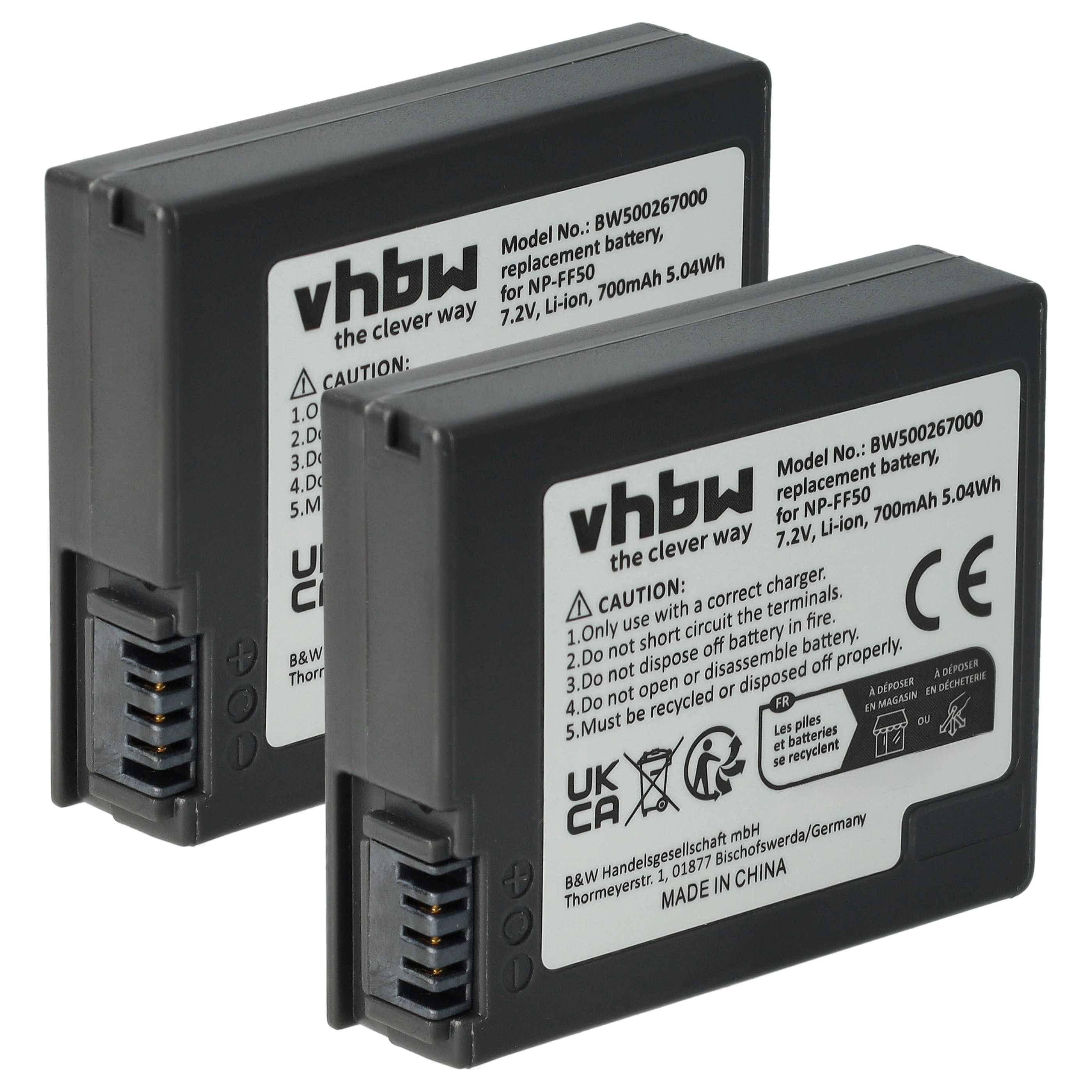 Zwei vhbw Ersatz-Lithium-Ionen-Kamerabatterien, gekennzeichnet mit '7,2V, 700mAh, 5,04Wh', mit Warnhinweis und Modellinformationen.