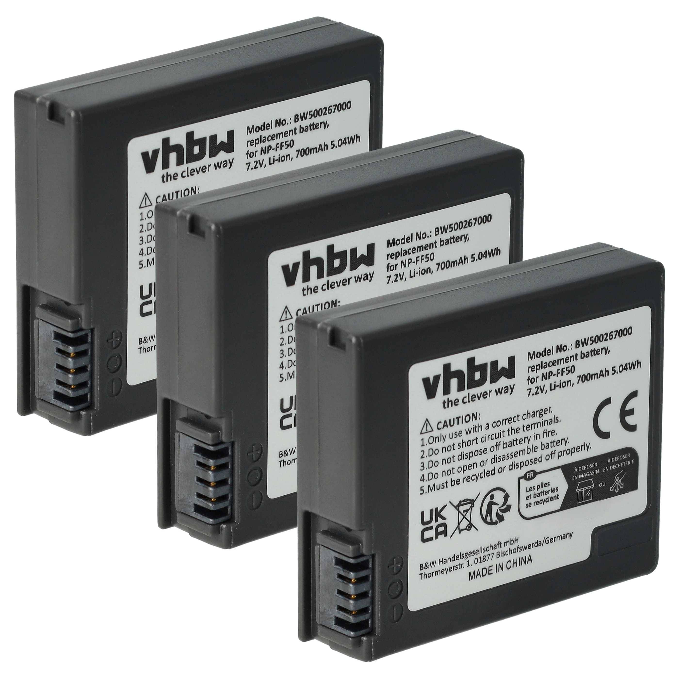 Drei vhbw Akkus mit der Modellnummer BW500257000D, Li-Ion, 7,2V, 700mAh, in einer Reihe angeordnet.