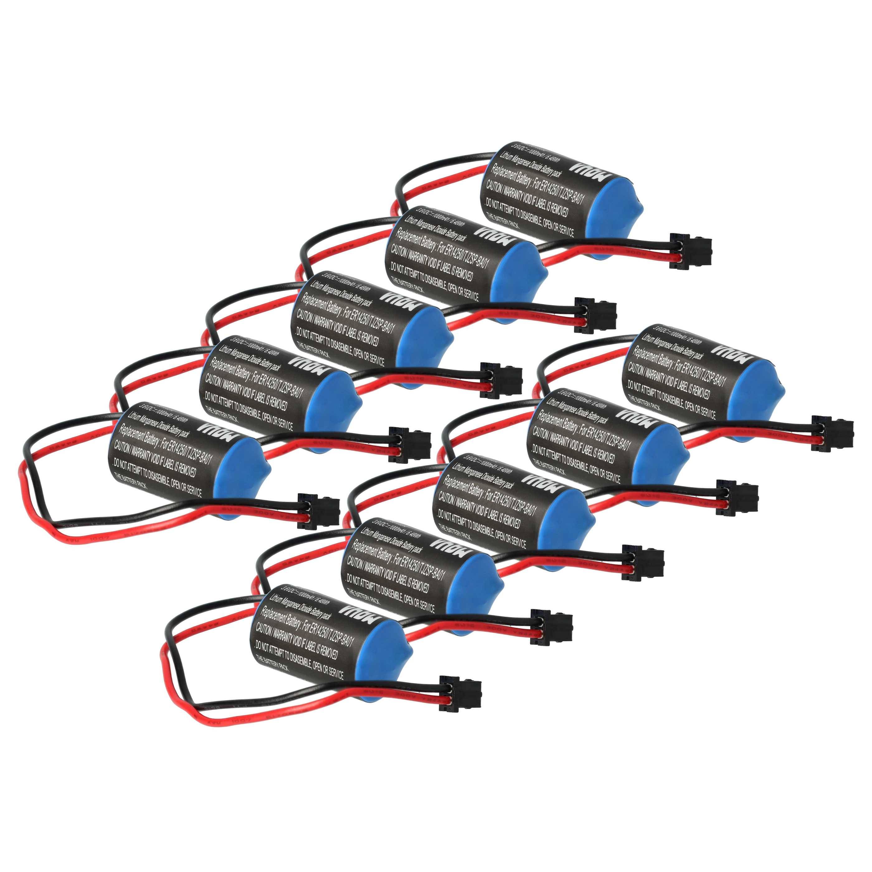 Zehn schwarze und blaue zylindrische Batterien mit roten und schwarzen Kabeln, in einer Gitterformation angeordnet.