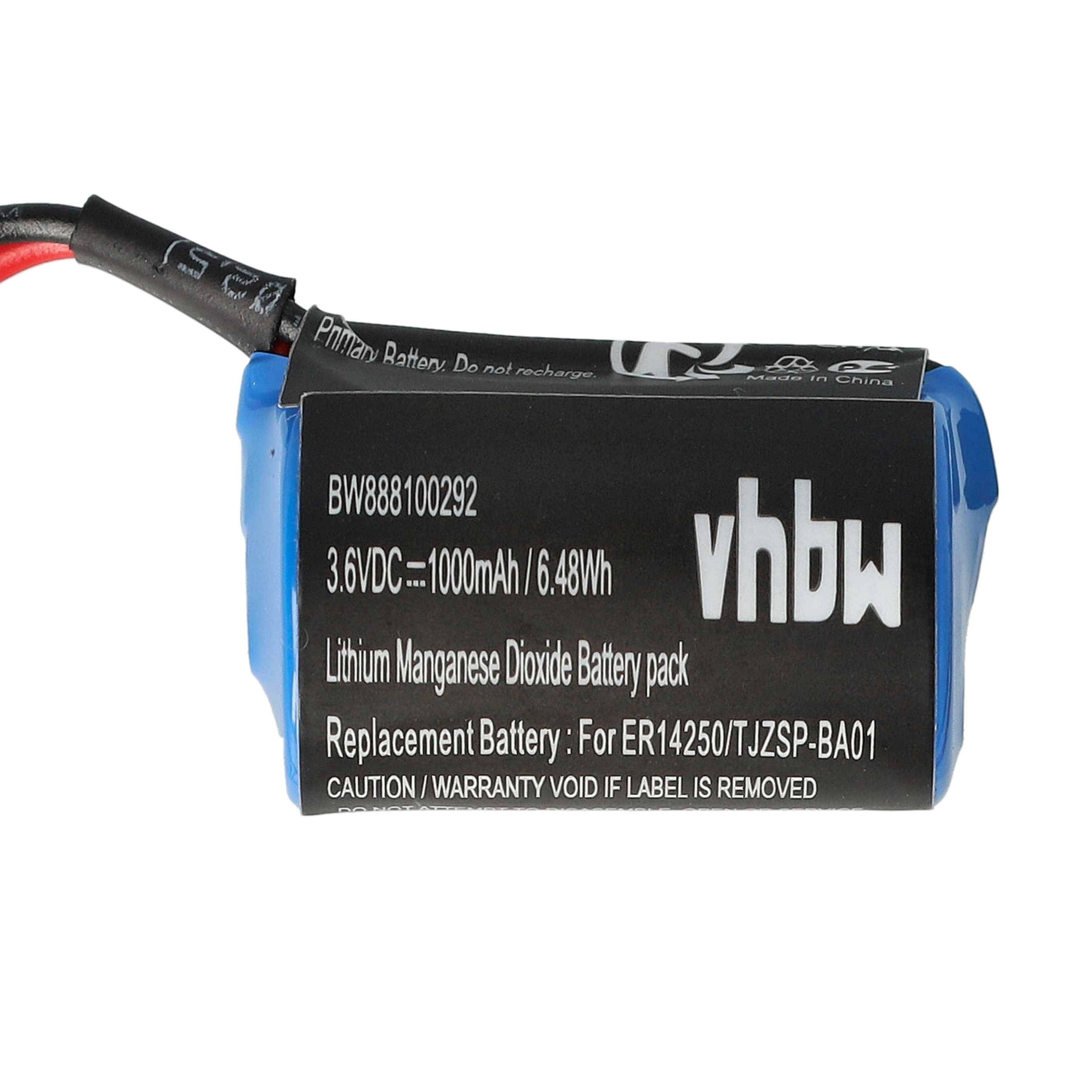 Ein blauer Lithium-Mangandioxid-Akkupack, beschriftet mit 'vhbw', mit folgenden Spezifikationen: 3,6V DC, 1000mAh, 6,48Wh. Ersatz für ER14250/TJZSP-BA01.