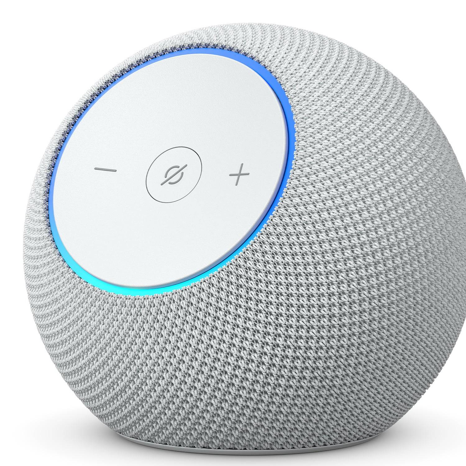 Ein kugelförmiger Smart Speaker mit einem Mesh-Außengehäuse, ausgestattet mit einem kreisrunden Bedienfeld auf der Oberseite, das Lautstärke- und Wiedergabesymbole anzeigt.