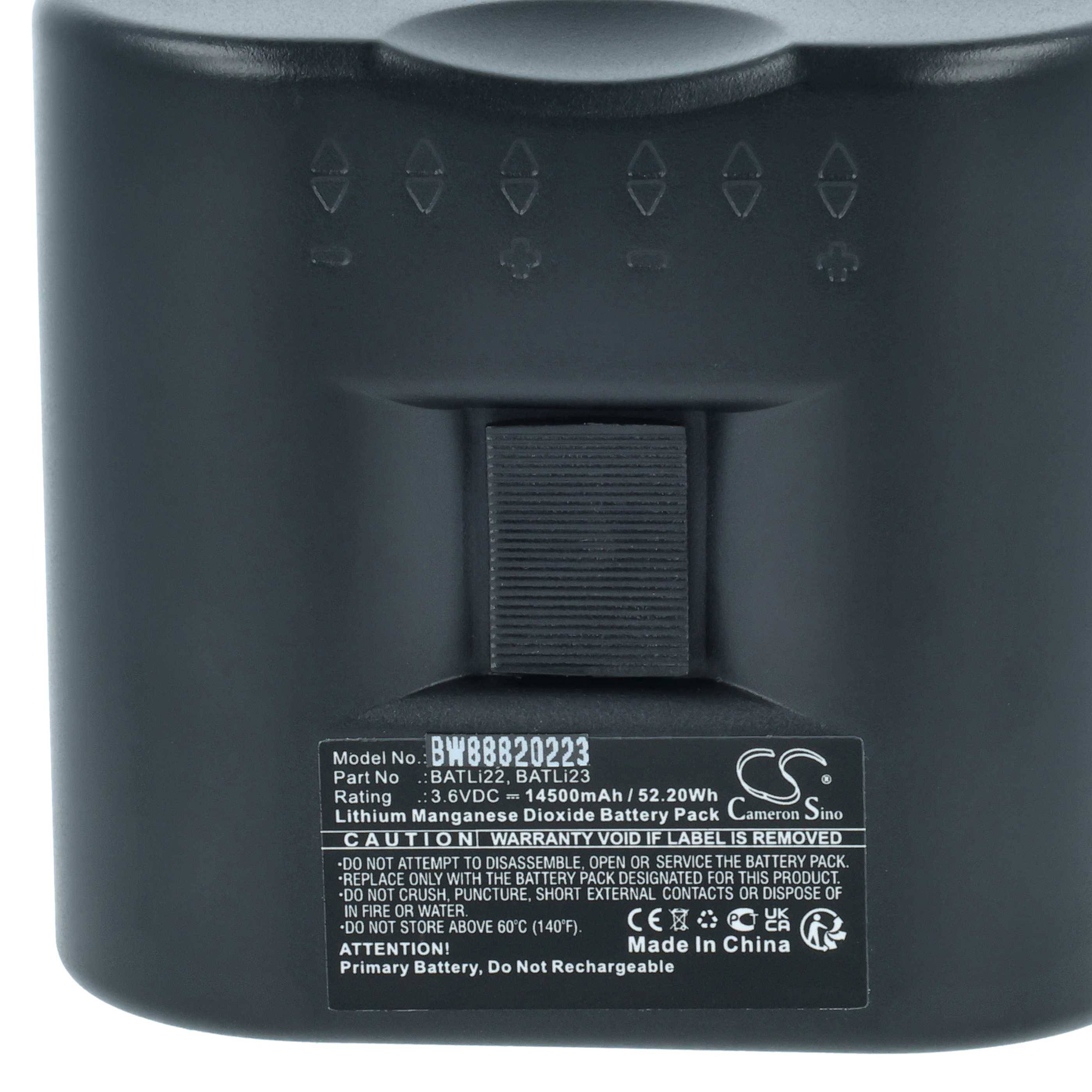 Ein schwarzes Lithium-Ionen-Akkupack mit der Bezeichnung ‚BATL-B22', 3,6V, 1150mAh, 22,2Wh. Es betont ‚Nicht zerlegen oder externe Kontakte kurzschließen.