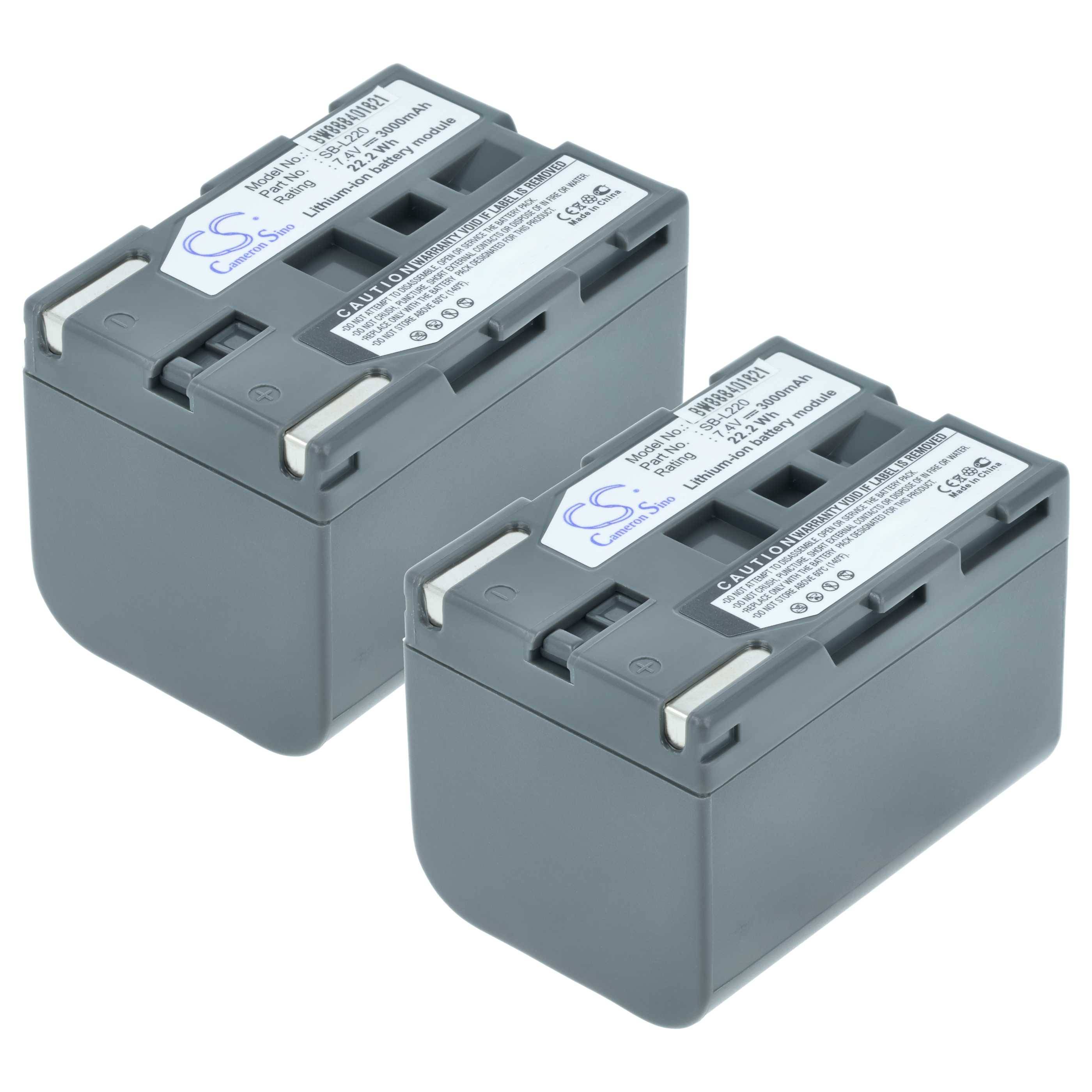 Zwei graue rechteckige Batterien mit weißen Etiketten, die Modell- und Markeninformationen zeigen und Kontaktpunkte auf der Oberseite aufweisen.