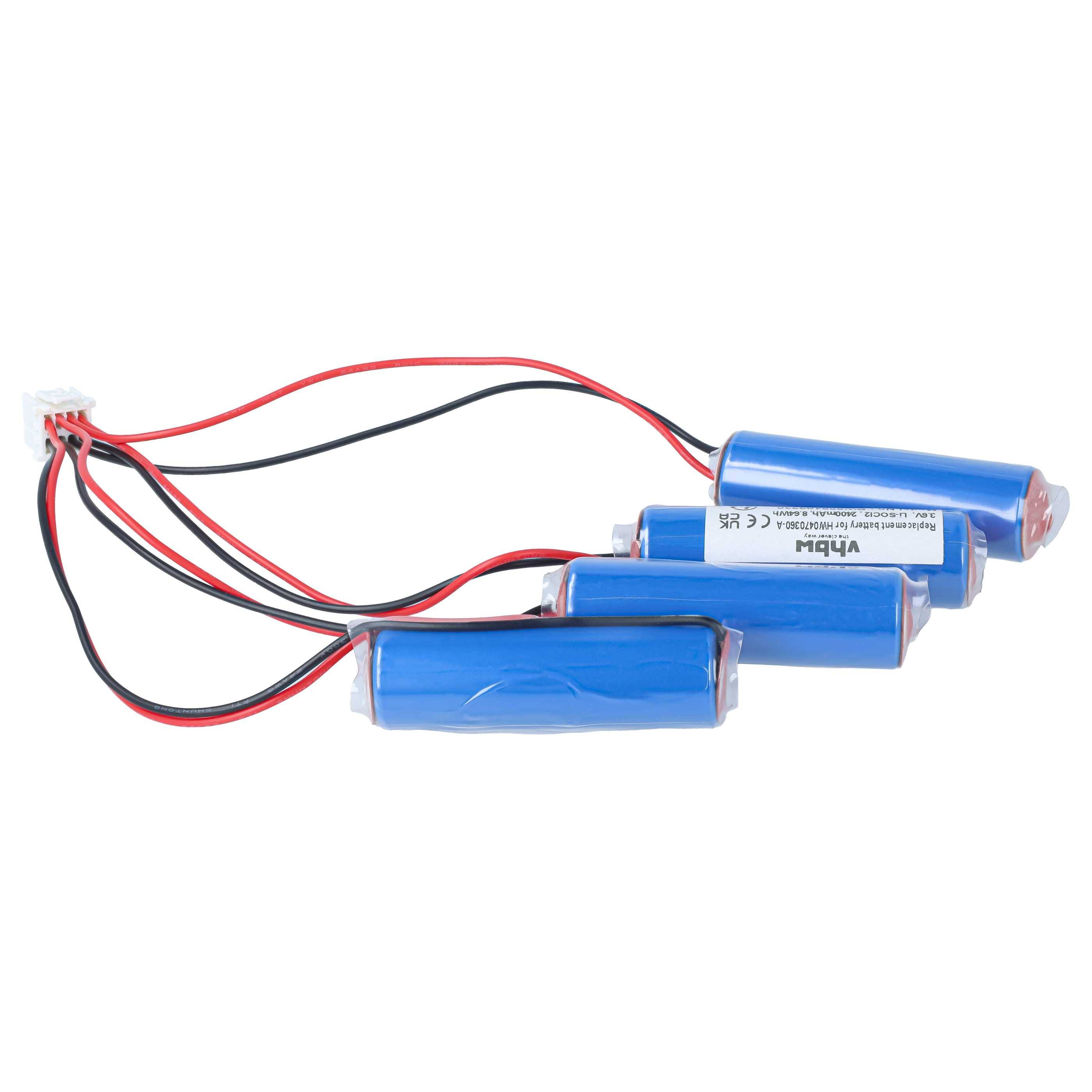 Batteriepack aus vier blauen zylinderförmigen Zellen, zusammengewickelt und durch rote und schwarze Drähte mit einem weißen Stecker verbunden