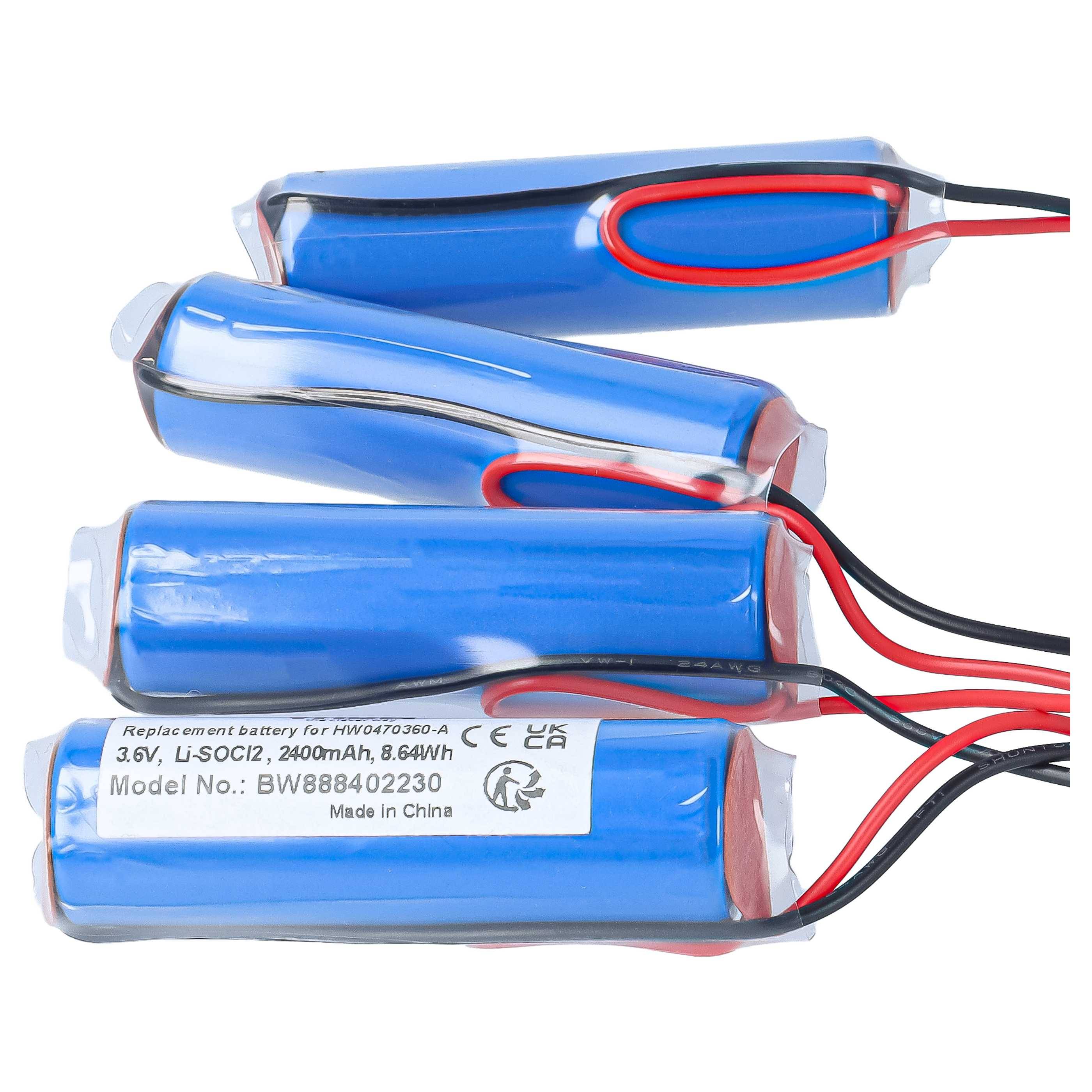Vier blaue zylindrische wiederaufladbare Batterien mit angebrachten roten und schwarzen Drähten, eine mit der Bezeichnung 3,6V Li-Ionen-Ersatzbatterie.