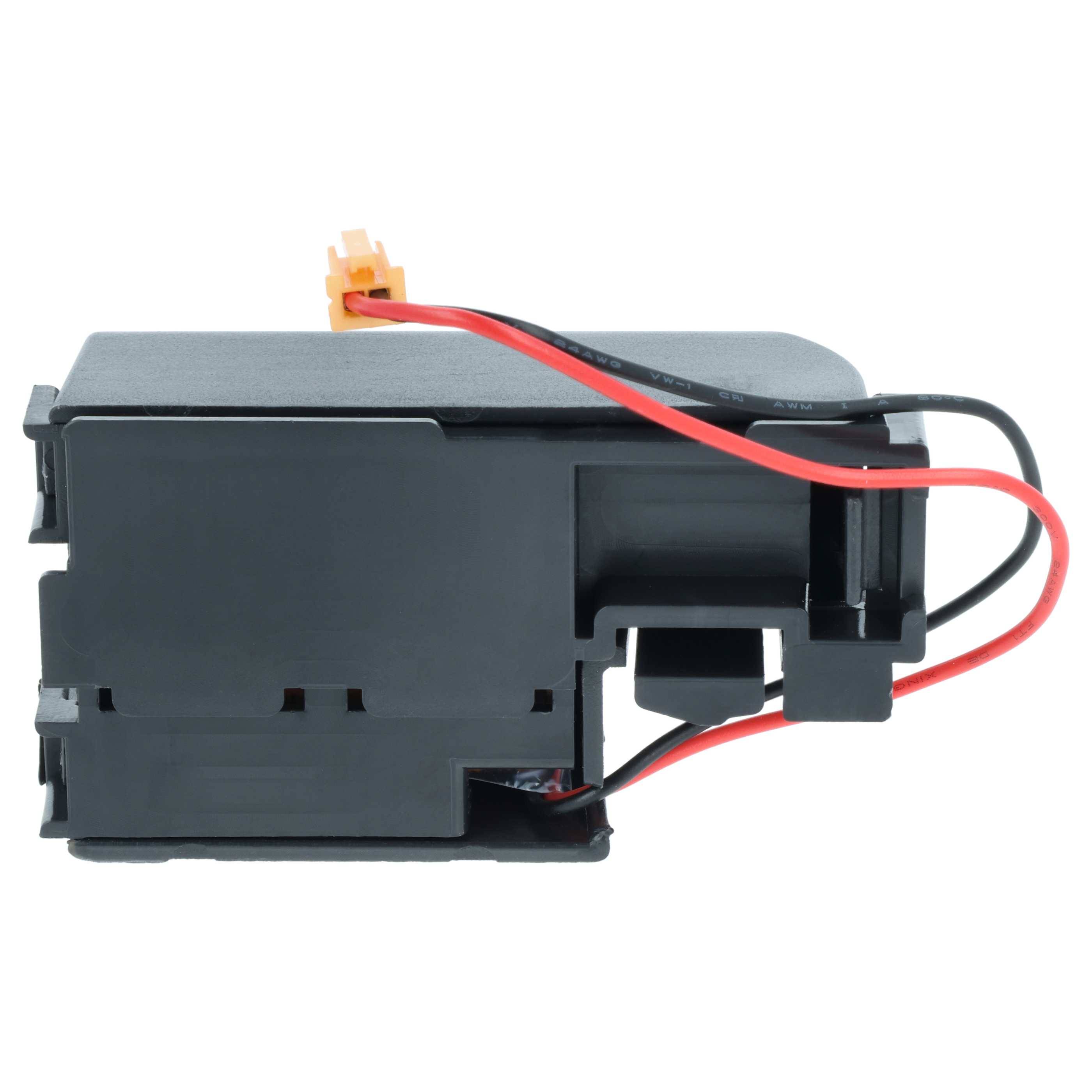 Schwarzes elektronisches Modul mit roten und schwarzen Drähten und einem kleinen Stecker, isoliert auf weißem Hintergrund dargestellt.