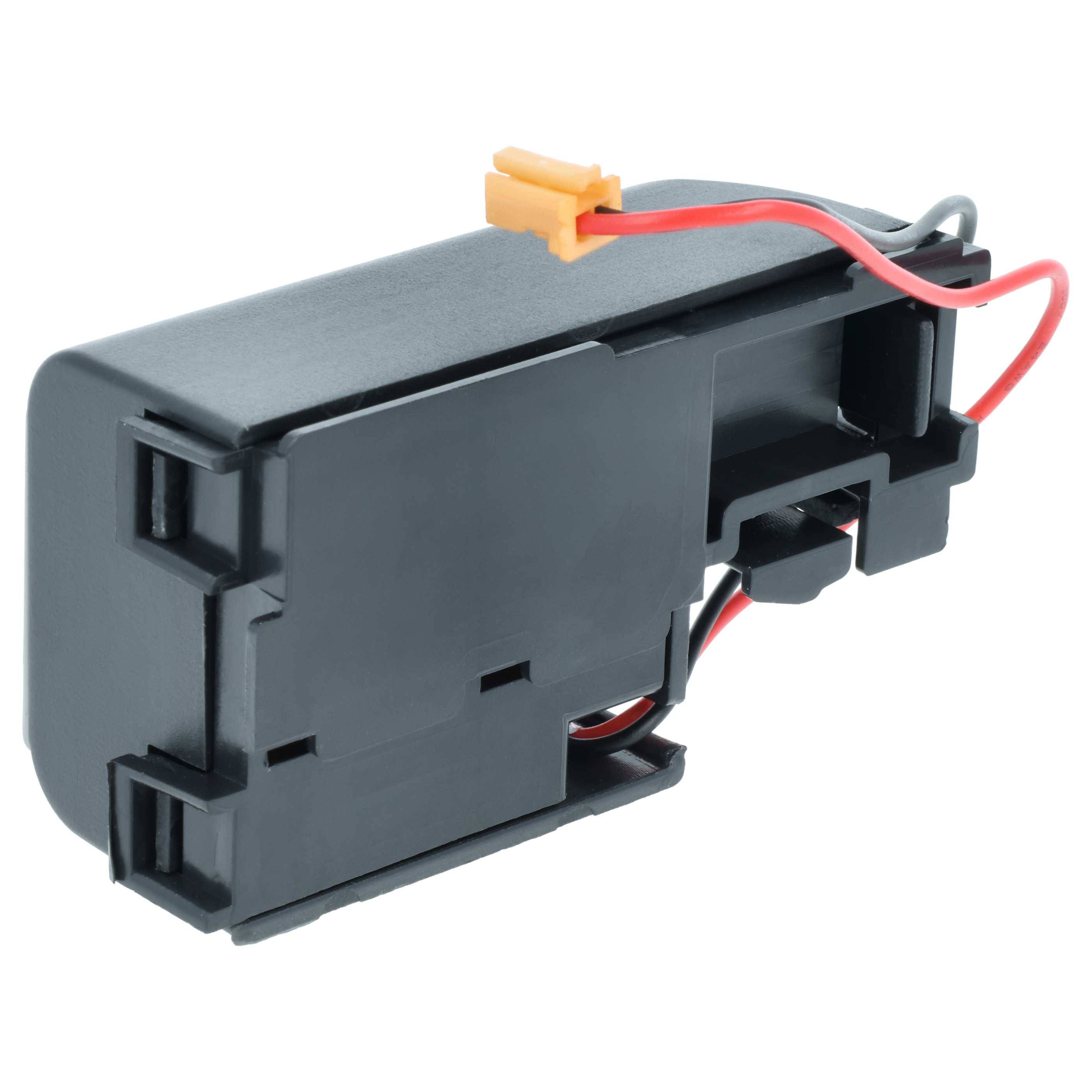 Schwarzer Kunststoff-Elektronik-Batterieholter mit roten und schwarzen Drähten und einem kleinen Stecker oben, auf weißem Hintergrund dargestellt.
