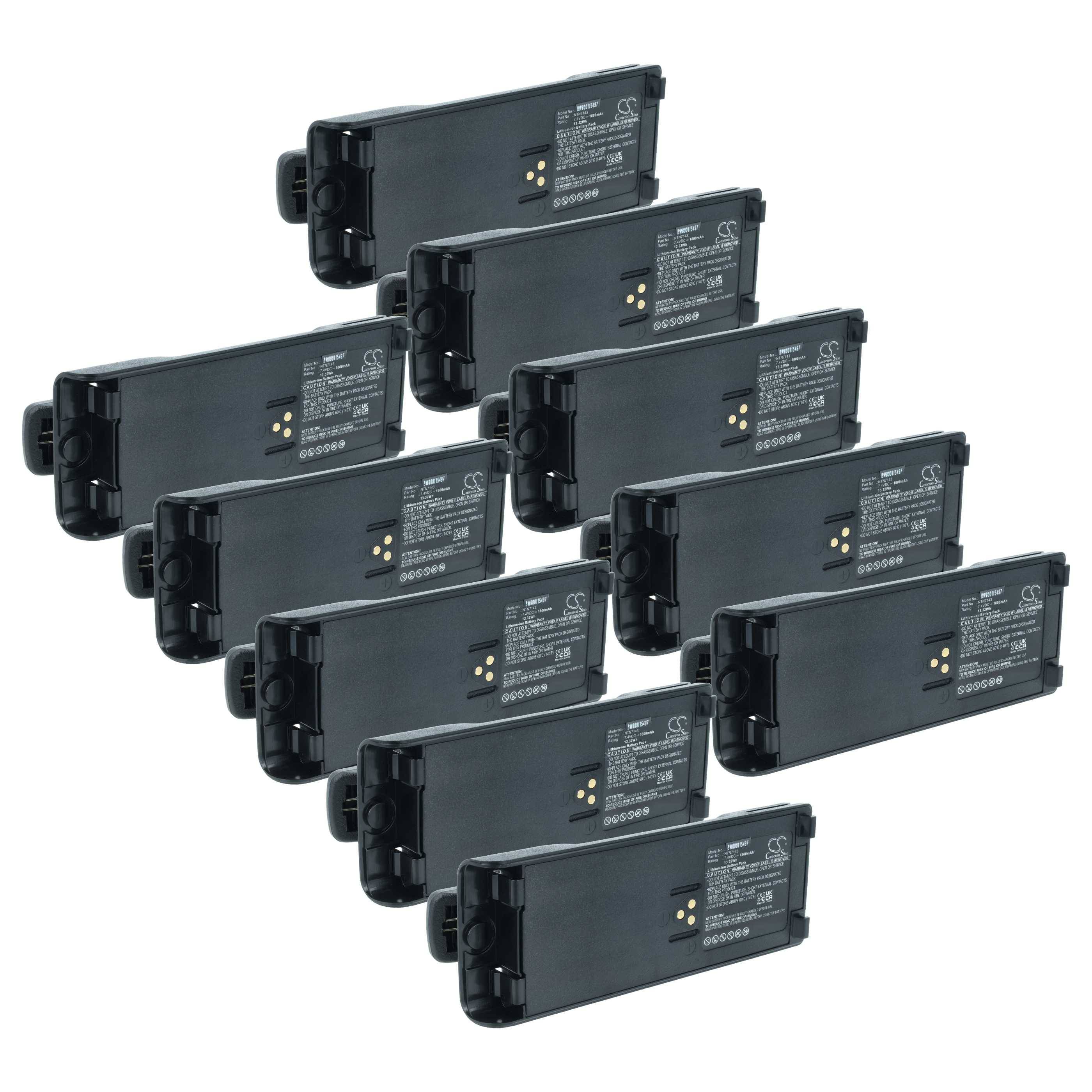 Zehn schwarze wiederaufladbare Batteriepacks in zwei versetzten Reihen angeordnet. Jedes zeigt Spezifikationen und Ladekontakte.