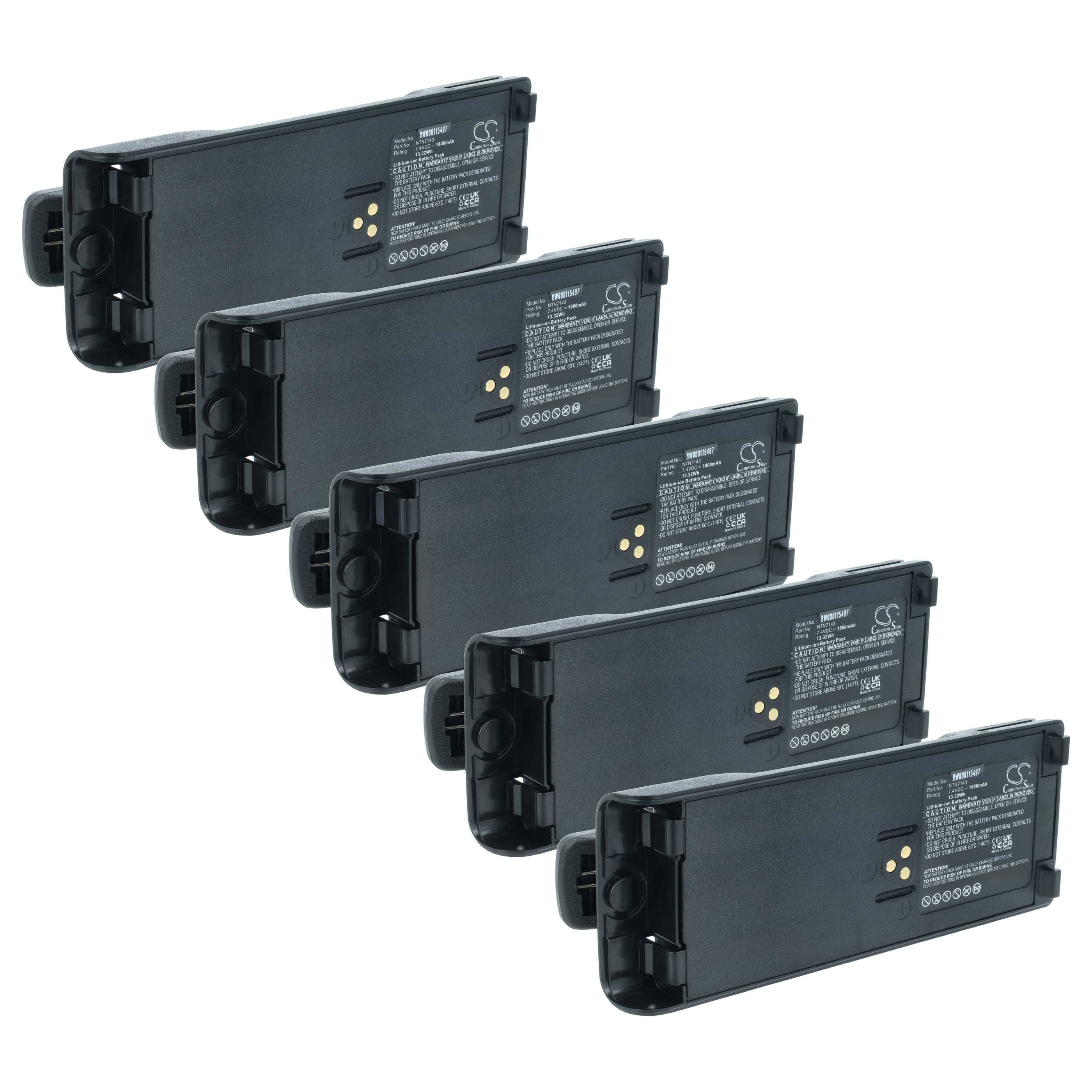 Fünf schwarze Tintenpatronen sind in einer versetzten Reihe ausgerichtet, wobei jede Produktetiketten und elektrische Kontaktpunkte aufweist.