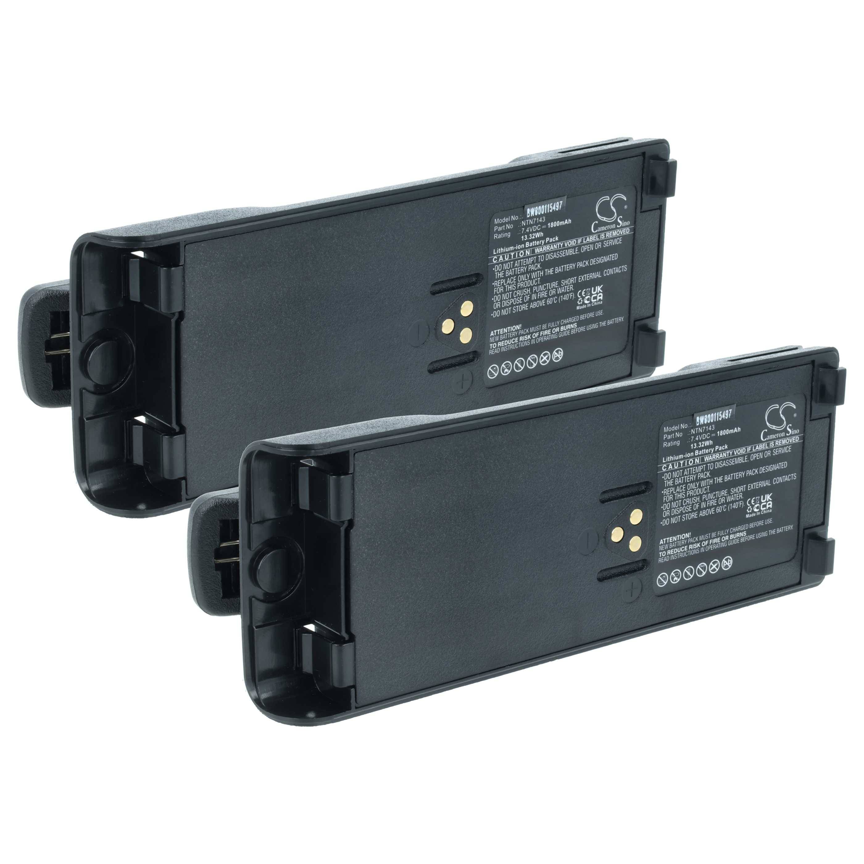Zwei schwarze rechteckige Batteriepacks mit sichtbaren Anschlüssen und Beschriftungen, nebeneinander auf weißem Hintergrund positioniert.