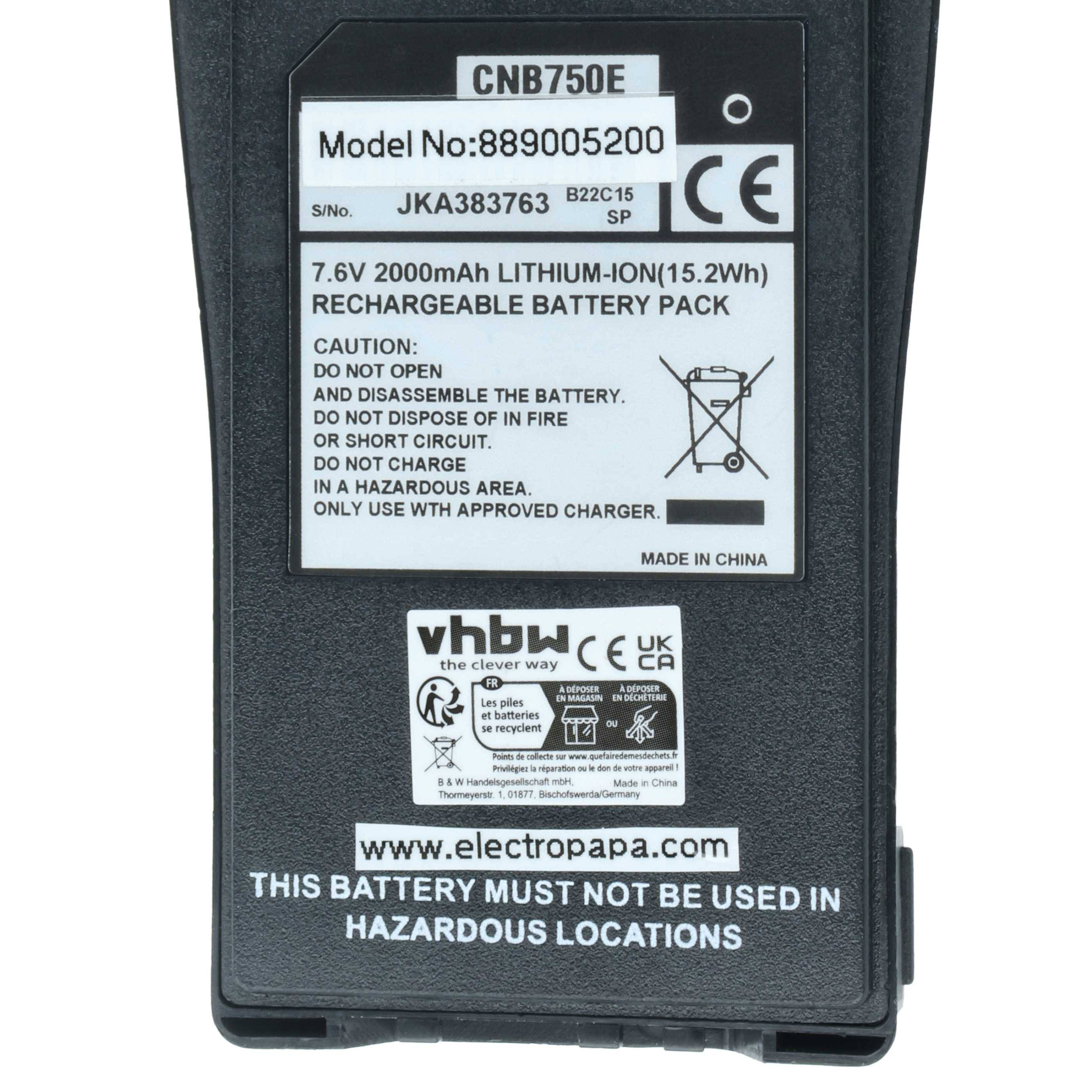 Ein schwarzes Akkupack mit der Aufschrift 'CNB750E Modell-Nr.: 8H90050200'. Details umfassen 7,6V 2000mAh, wiederaufladbar, nicht zerlegen, nur zugelassenes Ladegerät verwenden.