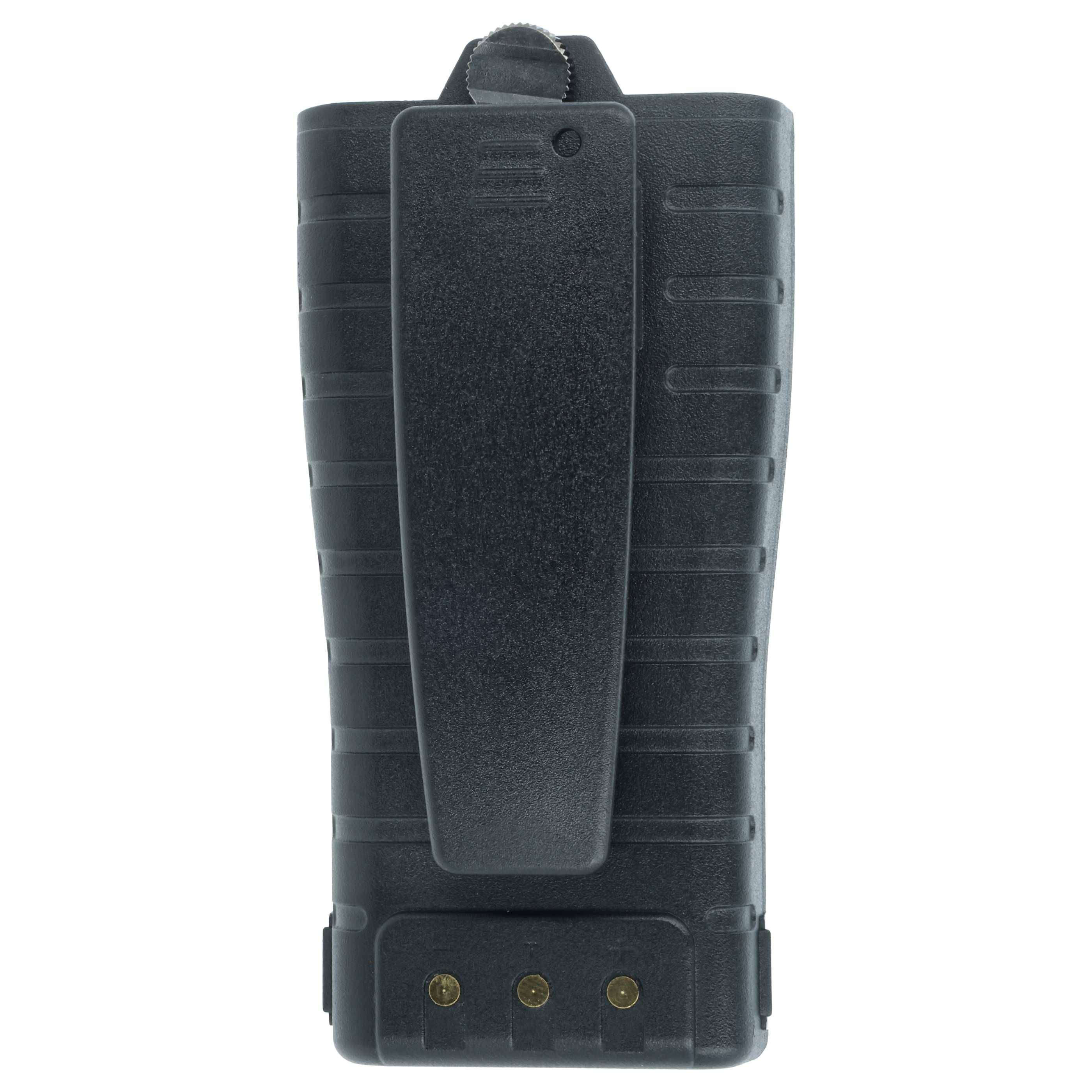Ein schwarzer Walkie-Talkie-Akkupack mit Gürtelclip, der eine flache Vorderseite und drei Metallkontakte am unteren Ende zeigt.