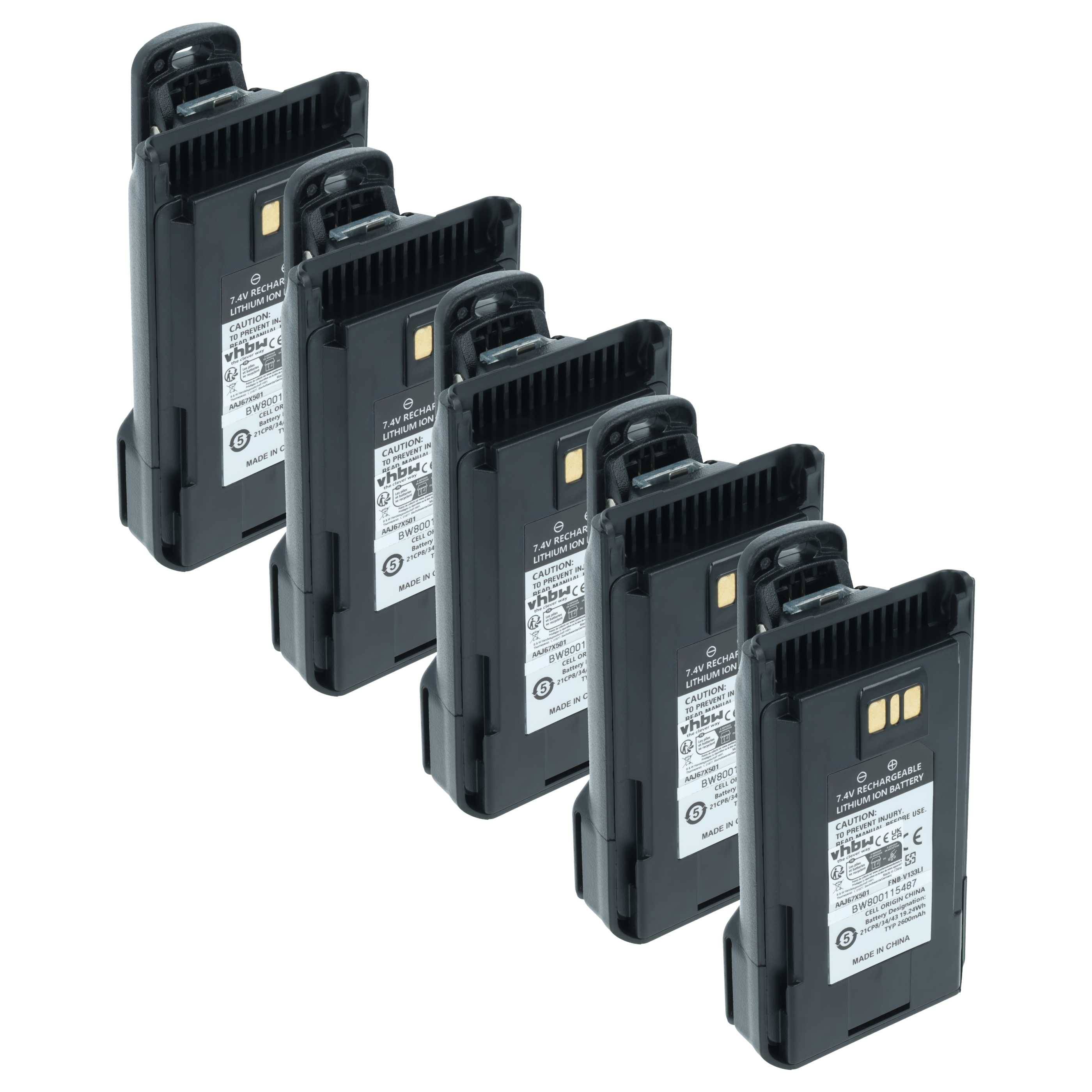 Fünf schwarze wiederaufladbare Batterien, die nebeneinander ausgerichtet sind und Kontaktpunkte sowie Beschriftungsinformationen zeigen, wahrscheinlich für elektronische Geräte.