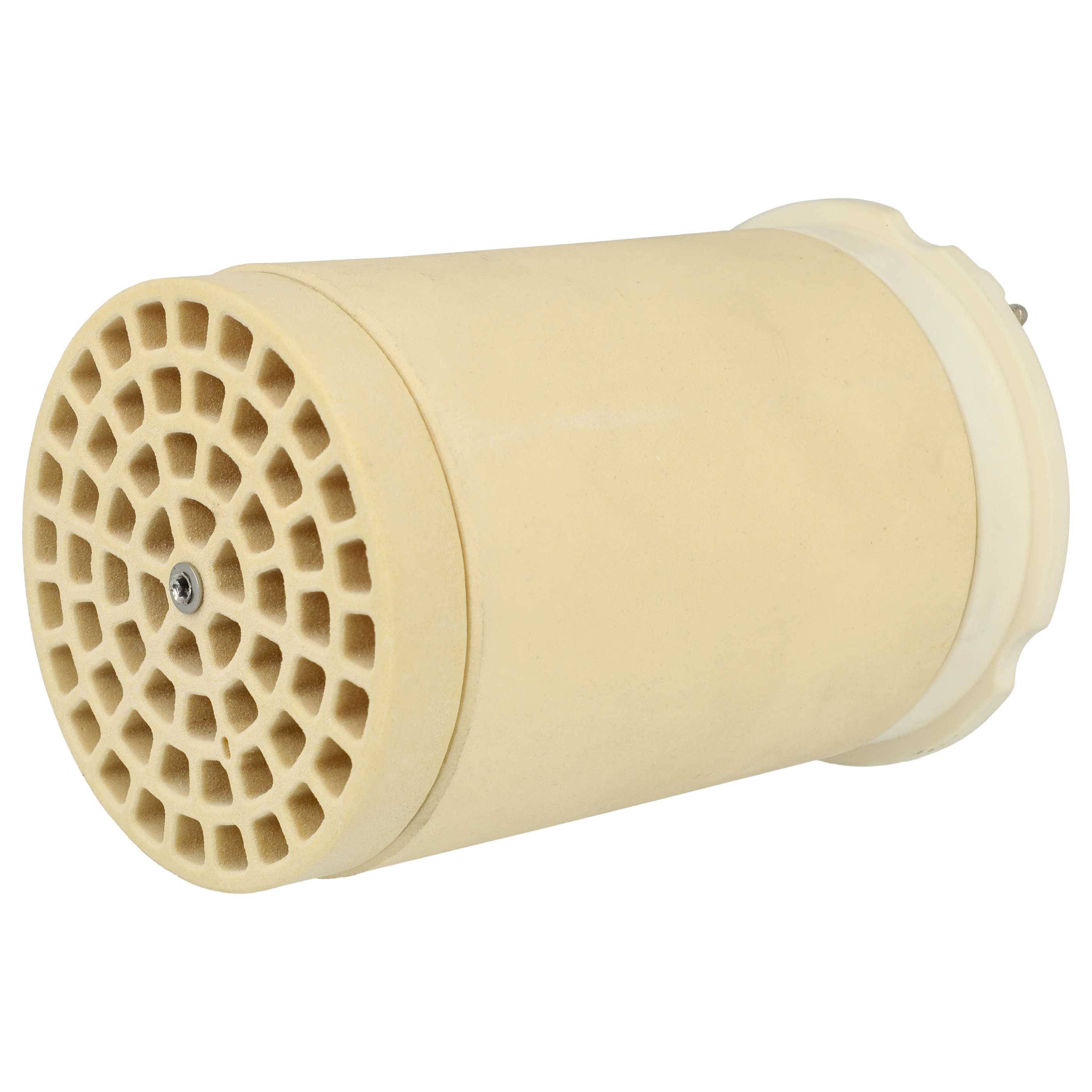 Ein beiger zylindrischer Wasserfilter aus Keramik mit einem gitterartigen Muster an einem Ende.