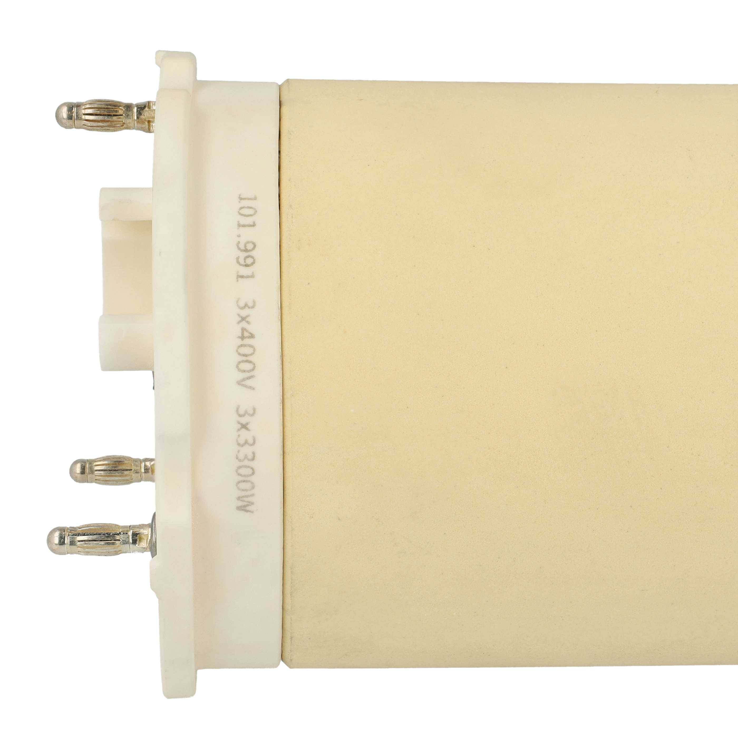 Eine beige rechteckige elektronische Komponente mit Metallstiften und markierten Zahlen '101.991.3400V 3x300W'.