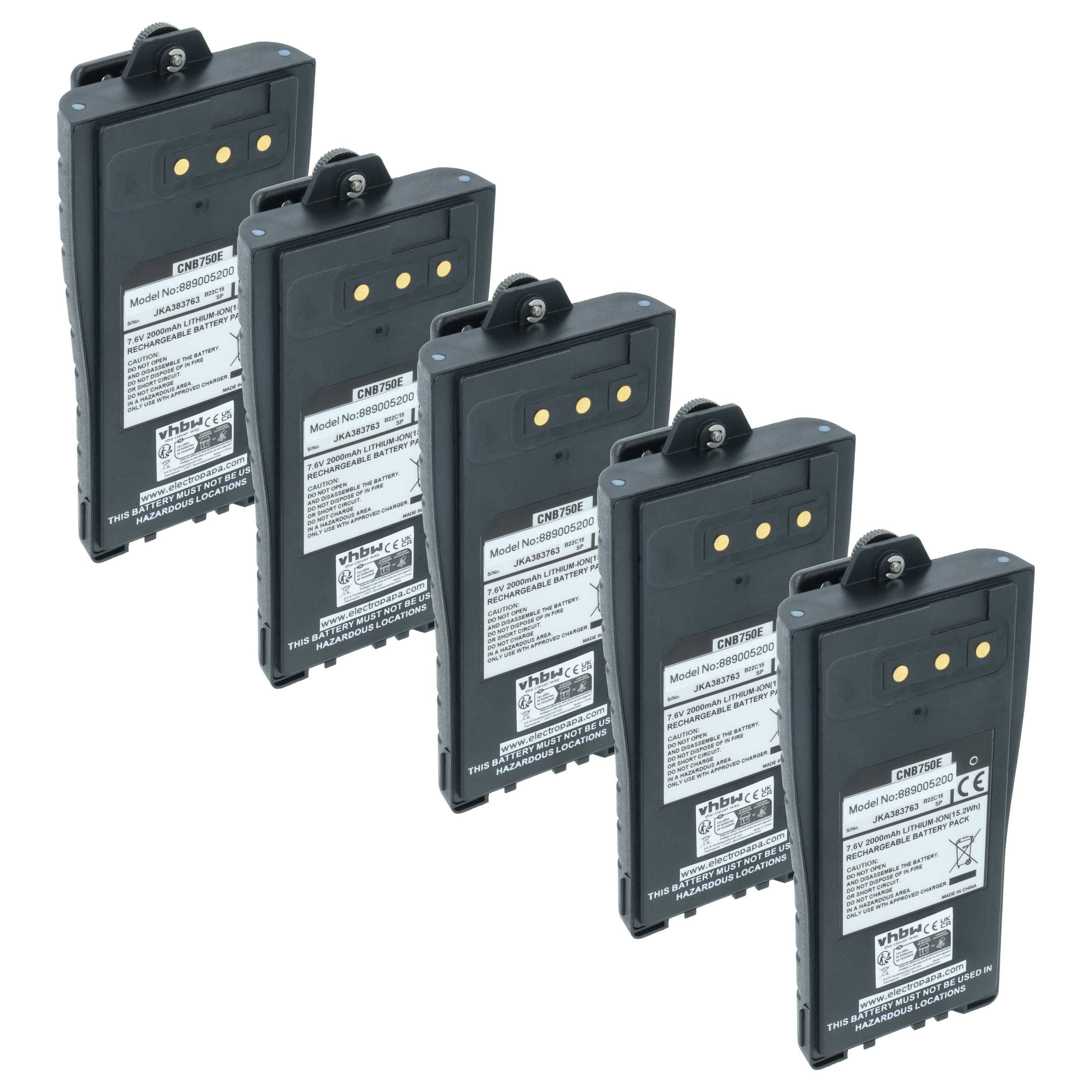 Fünf schwarze wiederaufladbare Batterien in einer Reihe angeordnet, jede mit einem Etikett, das Spezifikationen anzeigt, für Kommunikationsgeräte konzipiert.