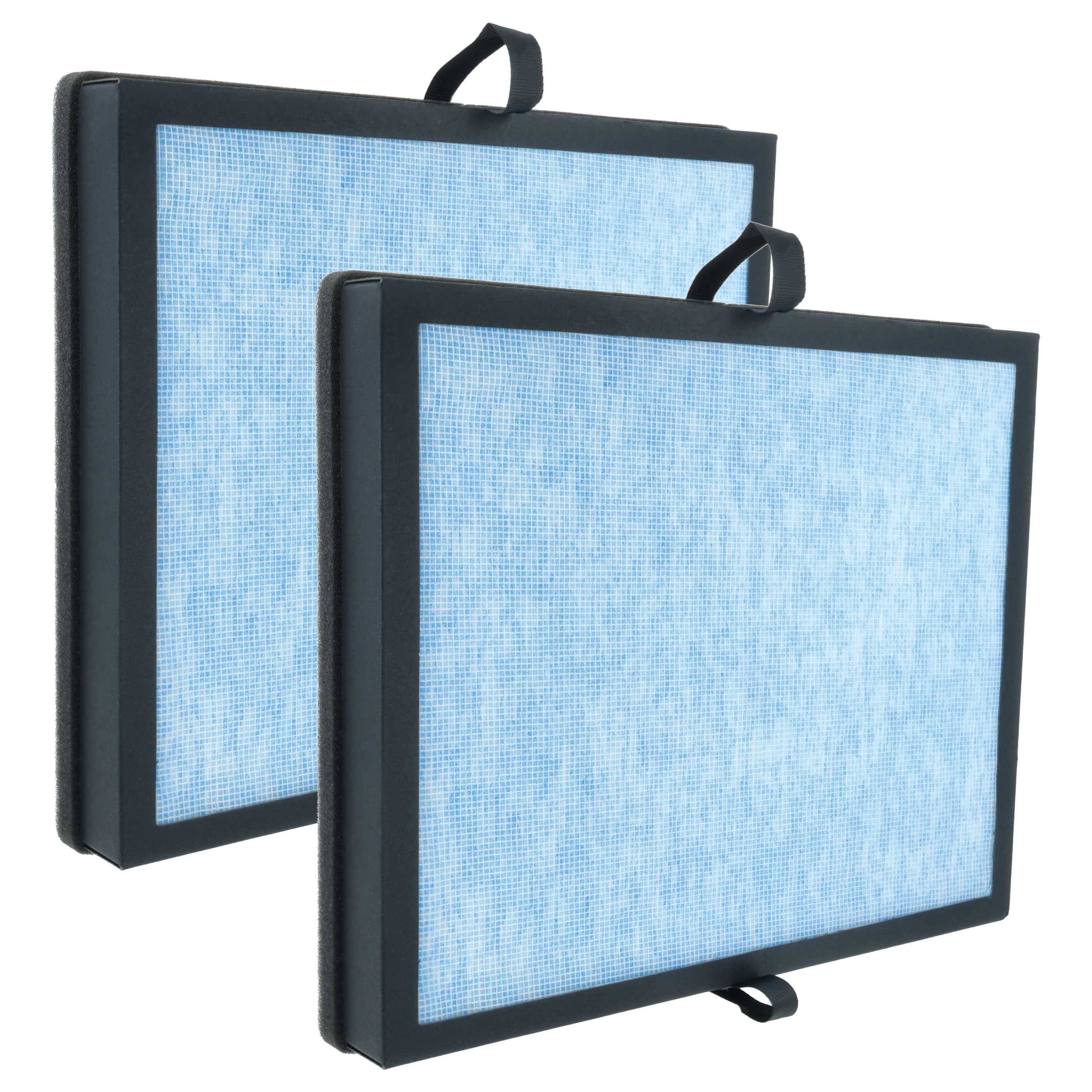 Zwei rechteckige Luftfilter mit schwarzen Rahmen und blauen Maschenflächen, jeweils mit einem schwarzen Griff, in einem schrägen Winkel angeordnet.