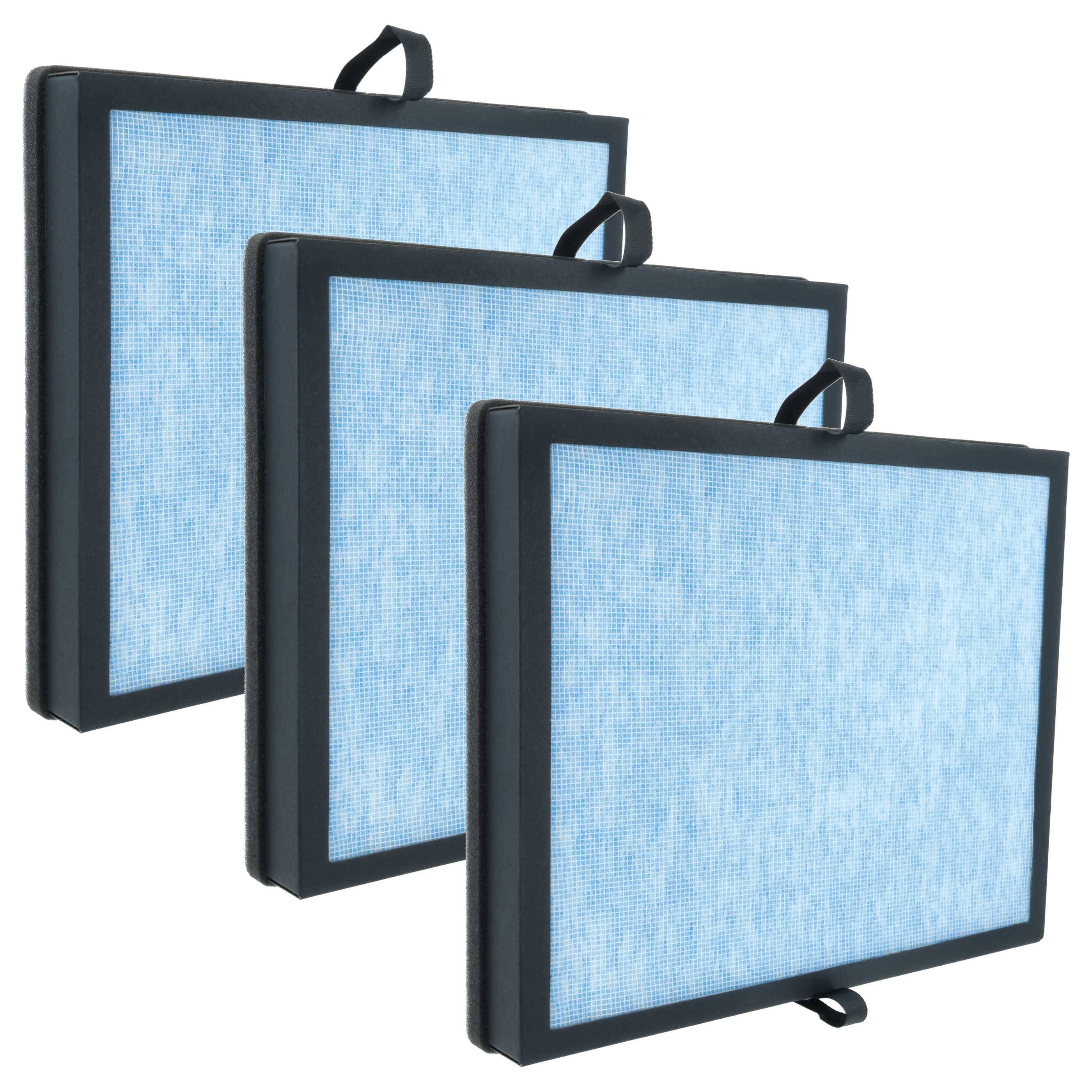 Drei blaue Luftfilter mit schwarzen Rahmen und Griffen sind in einer Reihe angeordnet und unterstreichen ihre Portabilität und klares Design.