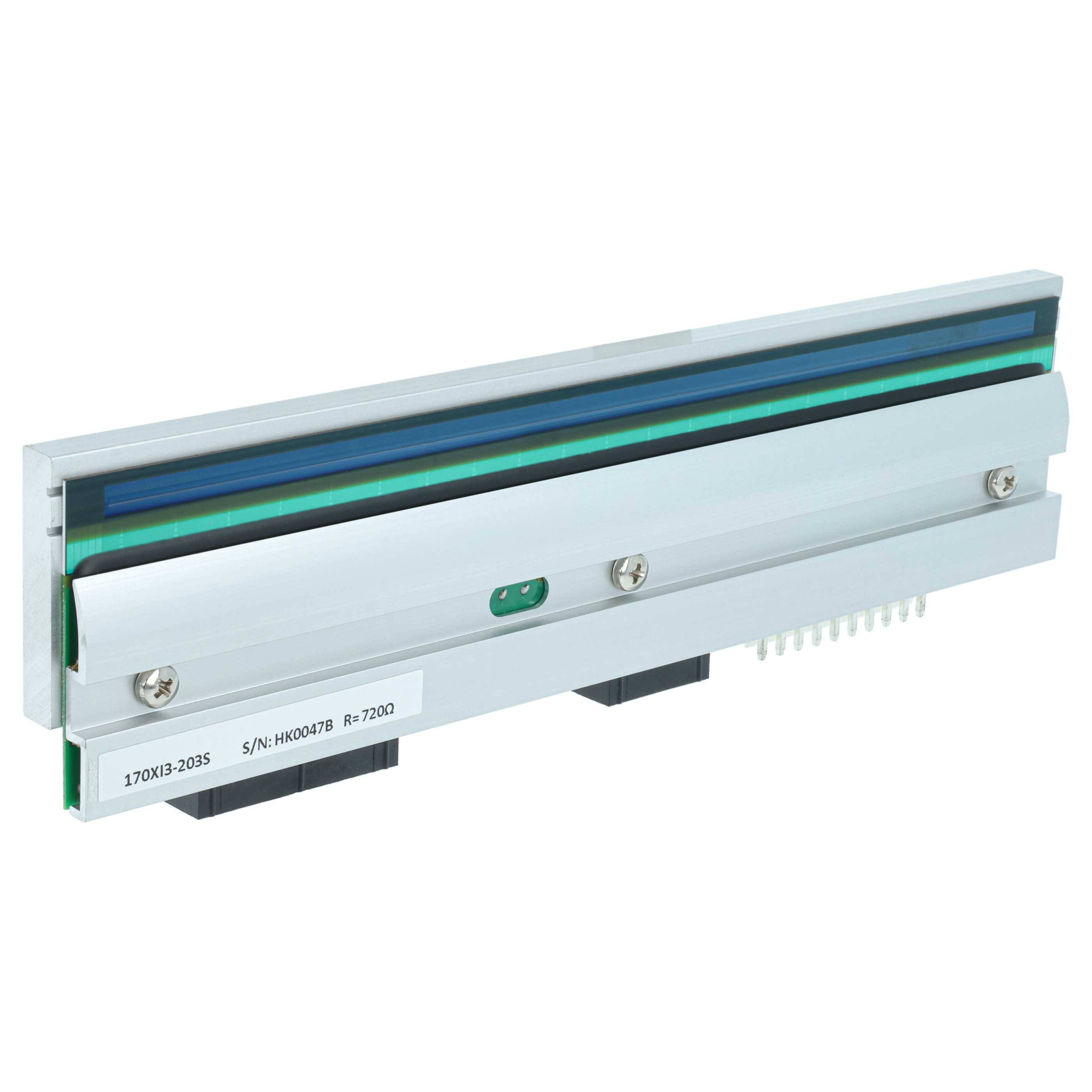 Eine Druckkopfkomponente mit metallischen und Kunststoffteilen, ausgestattet mit elektronischen Anschlüssen darunter. Verwendet in Thermodruckern zum Drucken.