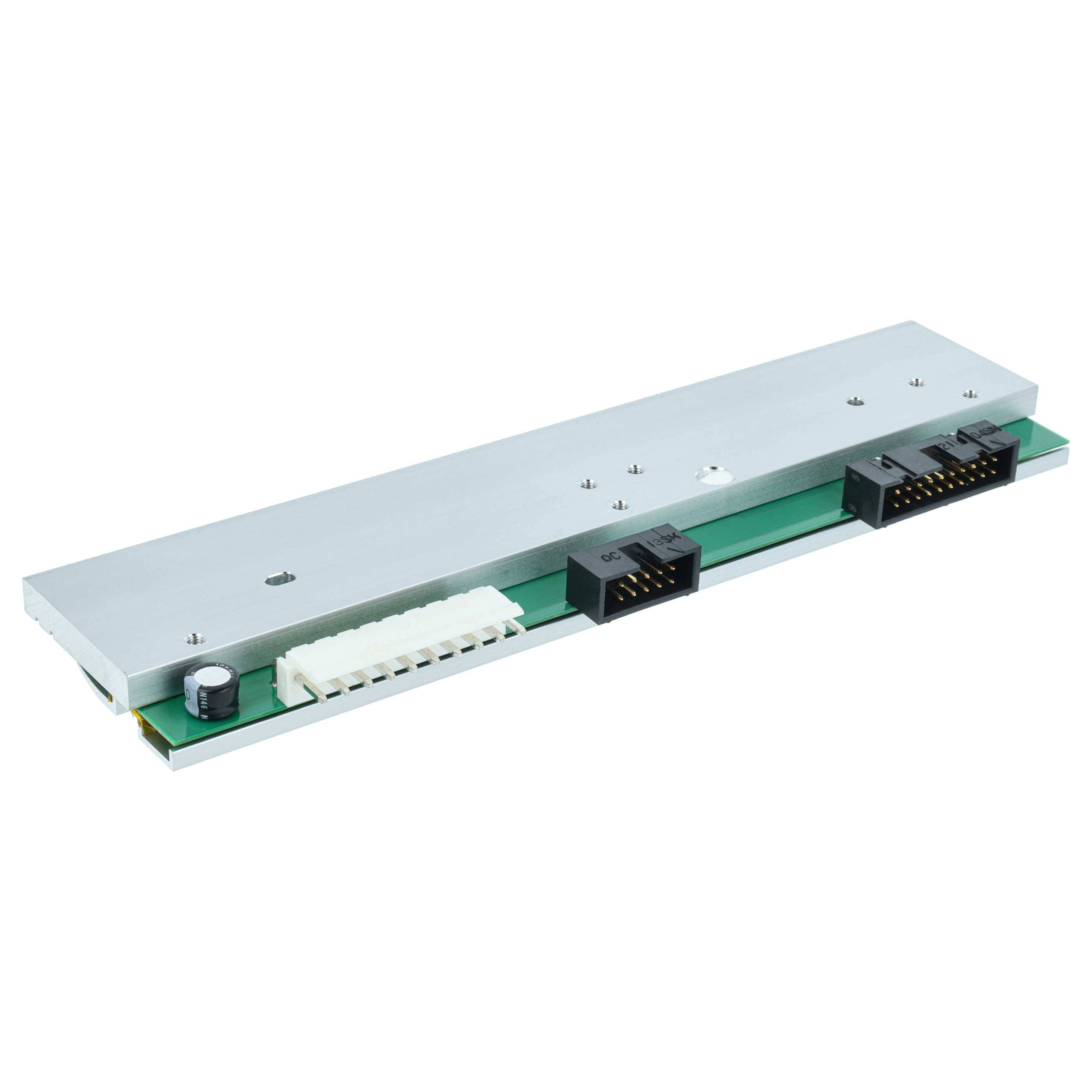 Eine lange elektronische Komponente mit verschiedenen Anschlüssen und Schaltkreisen, die auf einer flachen Oberfläche platziert ist. Sie scheint Teil einer größeren Baugruppe zu sein.