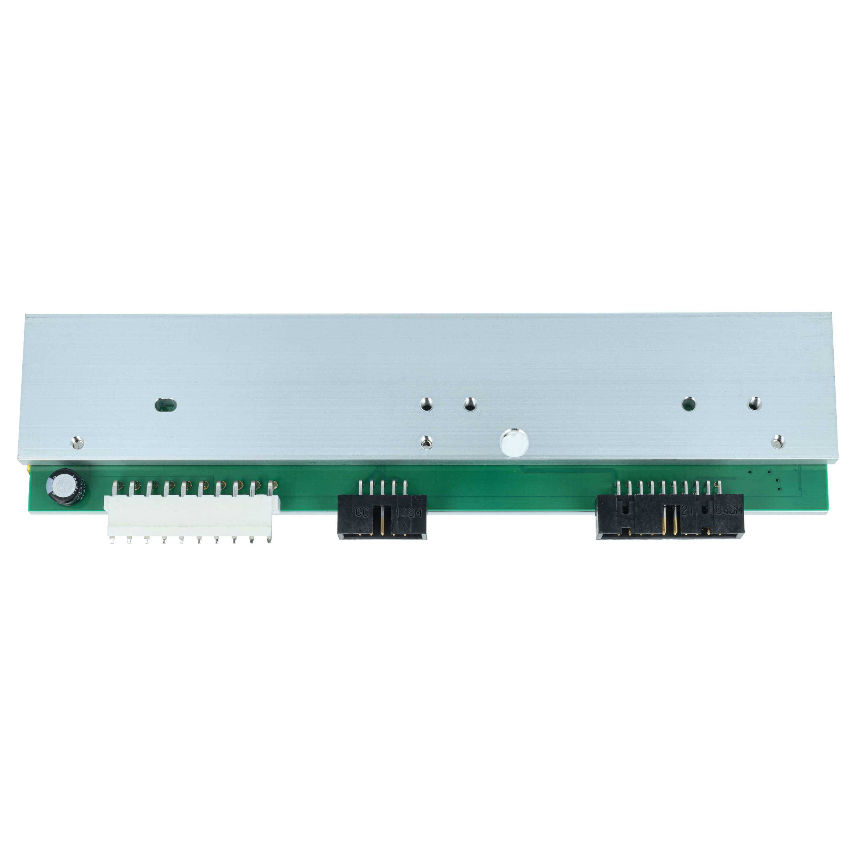 Eine grüne elektronische Leiterplatte mit Anschlüssen und einem großen silbernen Kühlkörper oben, entwickelt für elektronische oder Computerhardware-Anwendungen.