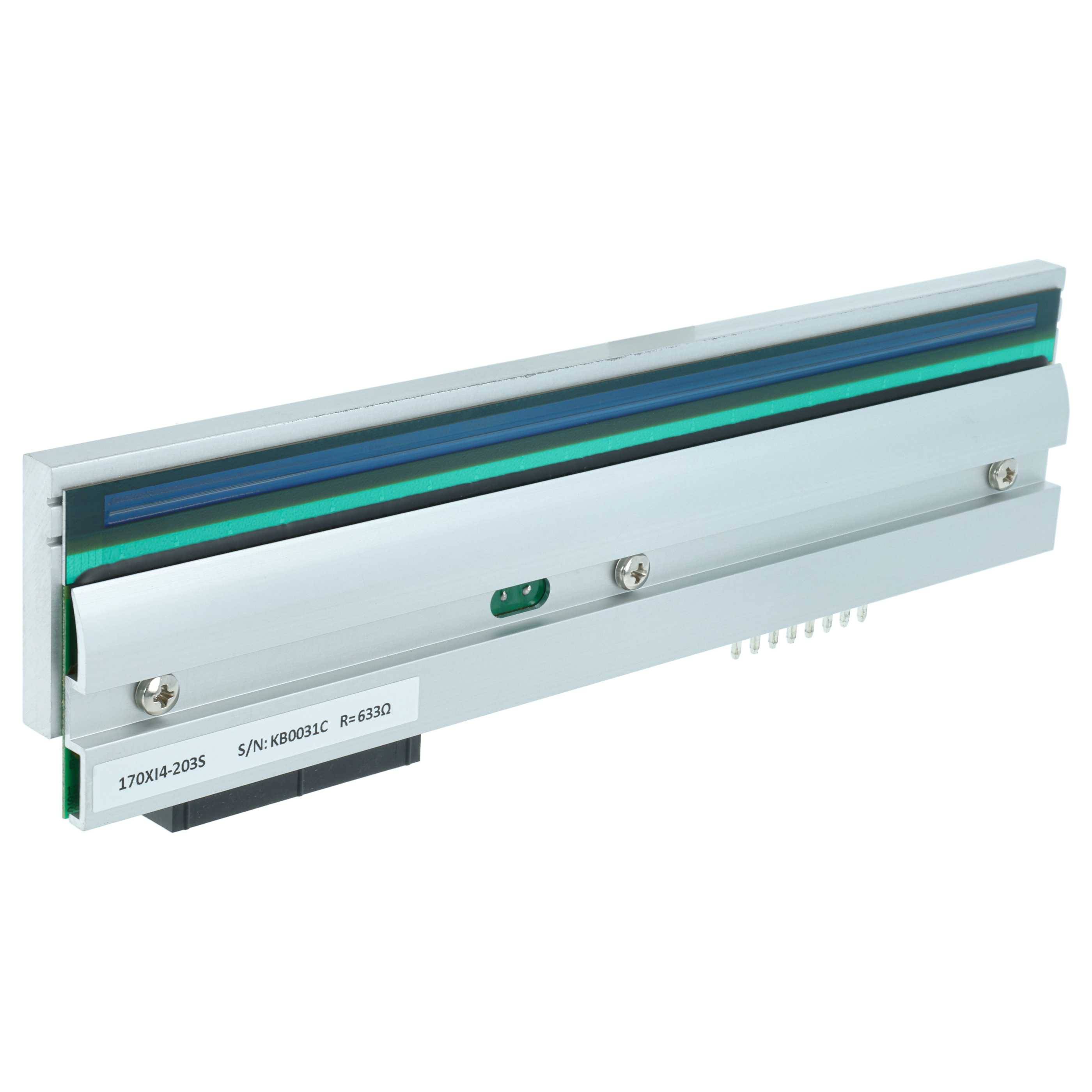 Thermischer Druckkopf, der eine flache, rechteckige Metallkomponente mit einem elektronischen Anschluss am unteren Rand zeigt.