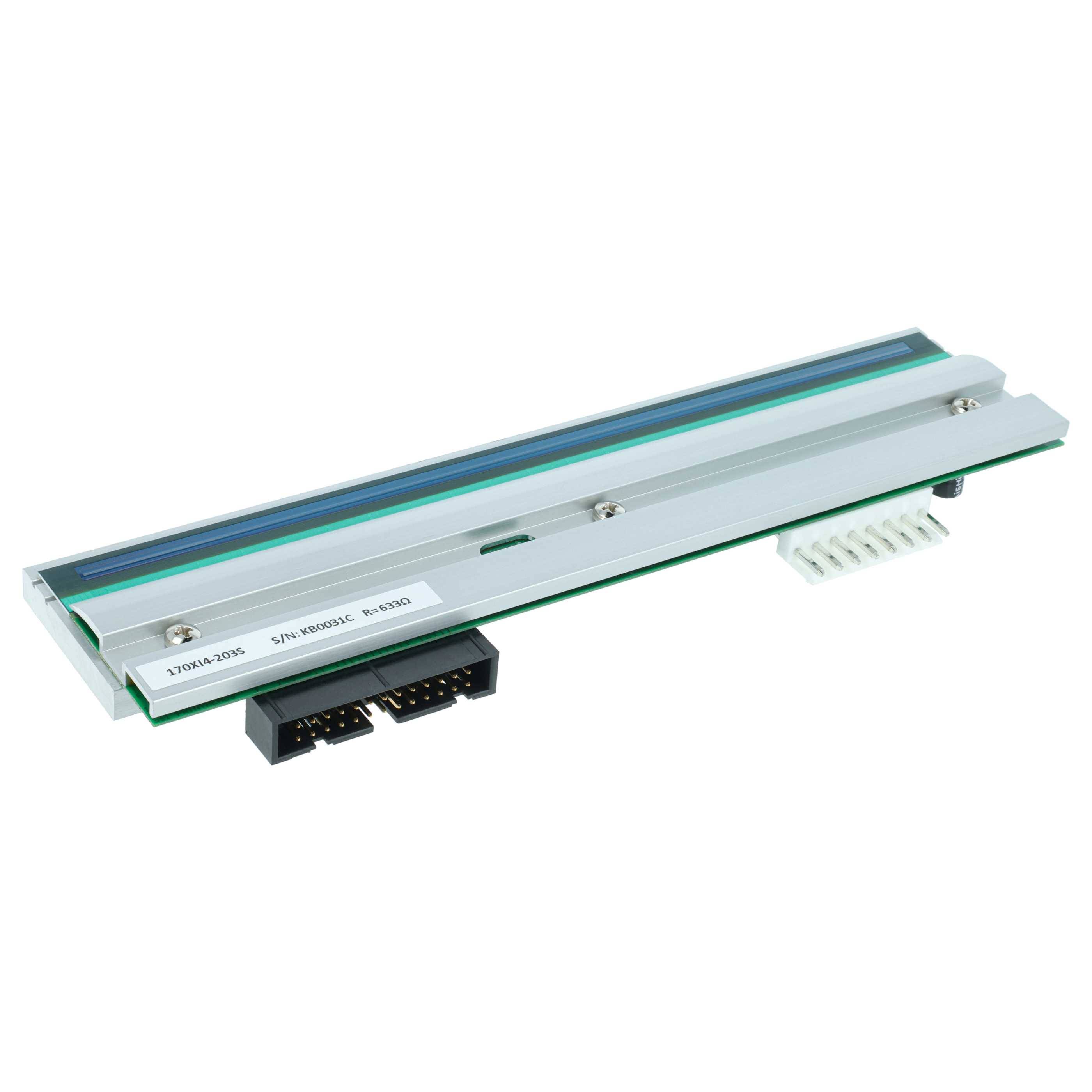 Thermischer Druckkopf mit Anschlussschlitz und Kabelbaum, verwendet in Druckern für den direkten Thermodruck auf Etiketten oder Quittungen.