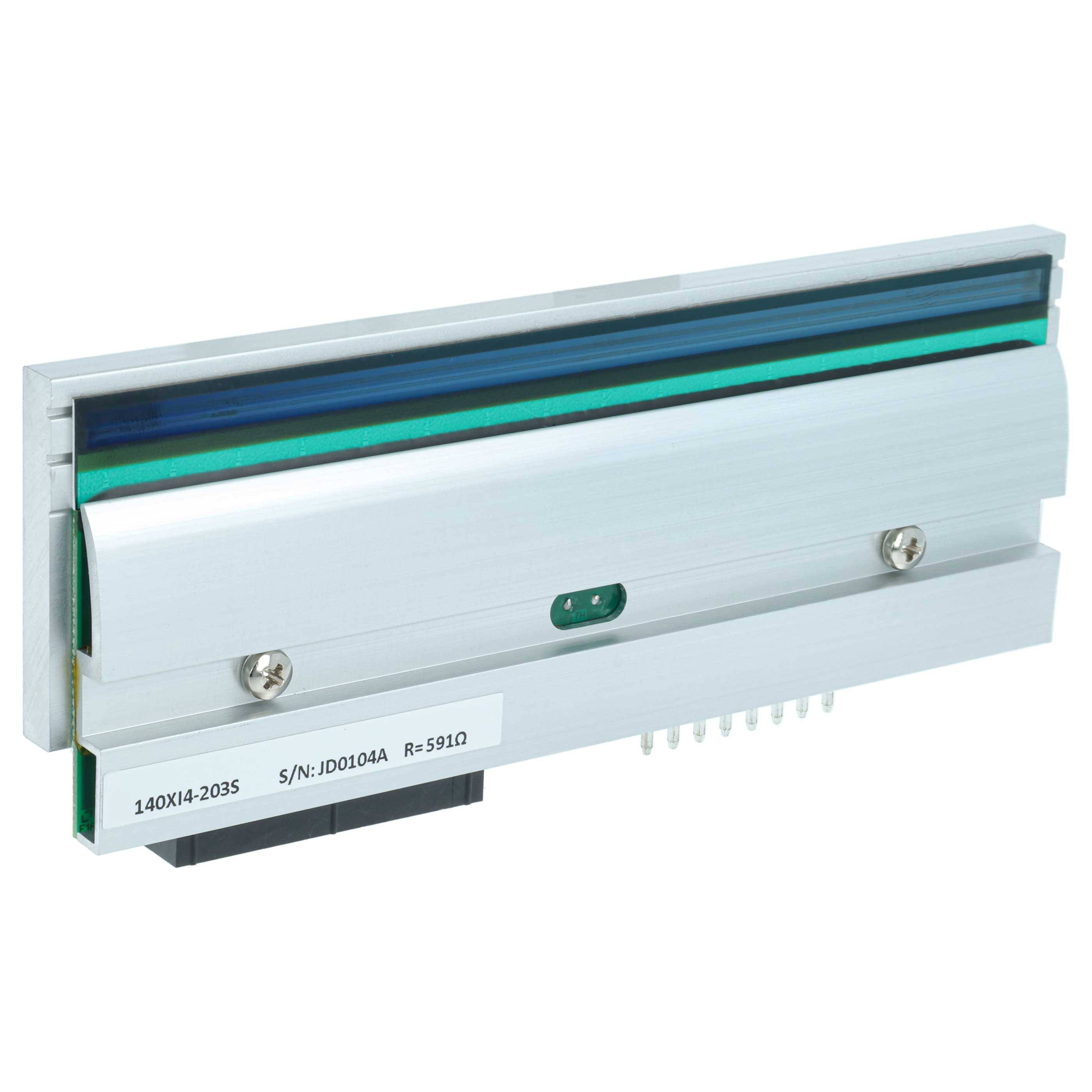 Eine kleine silberne und grüne elektronische Komponente mit Anschlüssen am Boden, beschriftet mit '140Xi4-203S' und 'S/N: JD0140A R=5910'.
