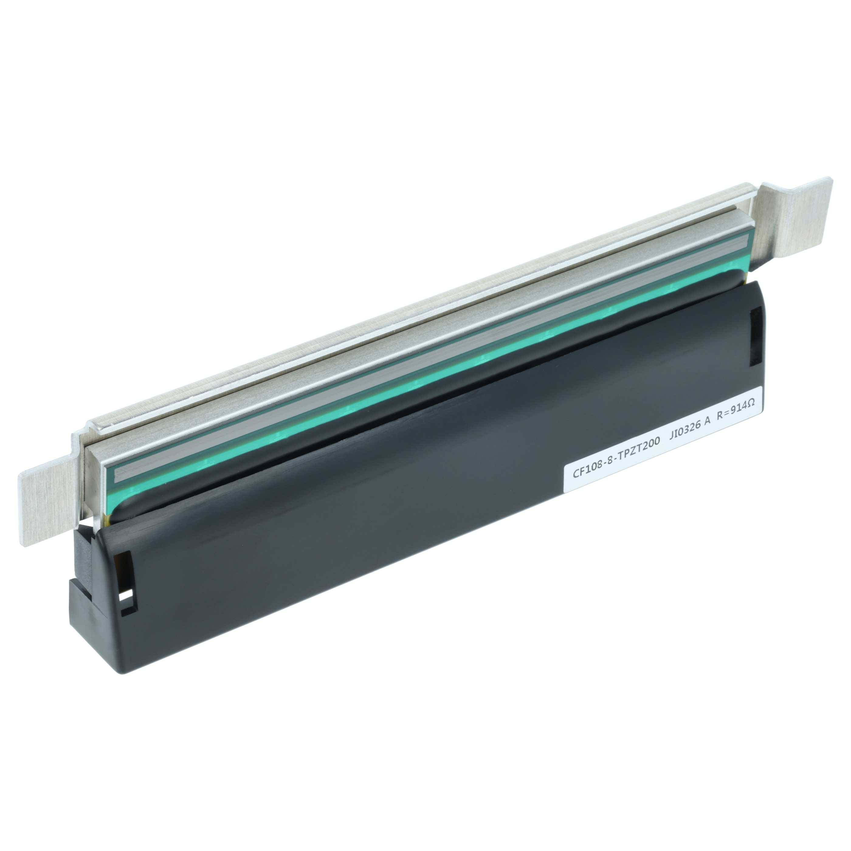 Eine Thermokopf-Komponente mit einer Metallabdeckung in Grün und schwarzer Basis, die hauptsächlich in Thermodruckern für Wärmeübertragung verwendet wird.