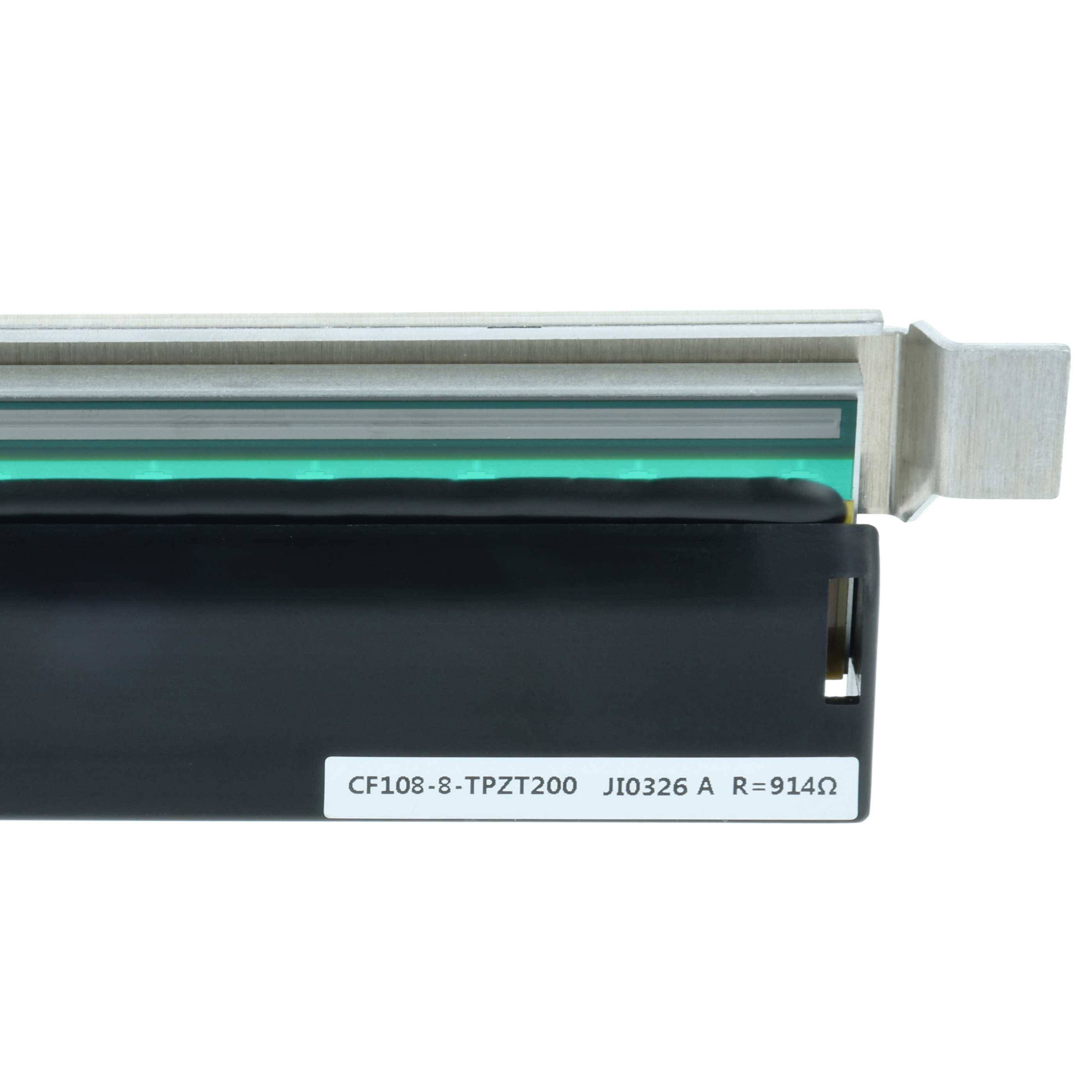 Ein Thermoprinthead mit grüner Schutzschicht und Metallgehäuse, mit Modellnummer 'CF108-8-TPZT20' und Widerstandswert '914Ω'.