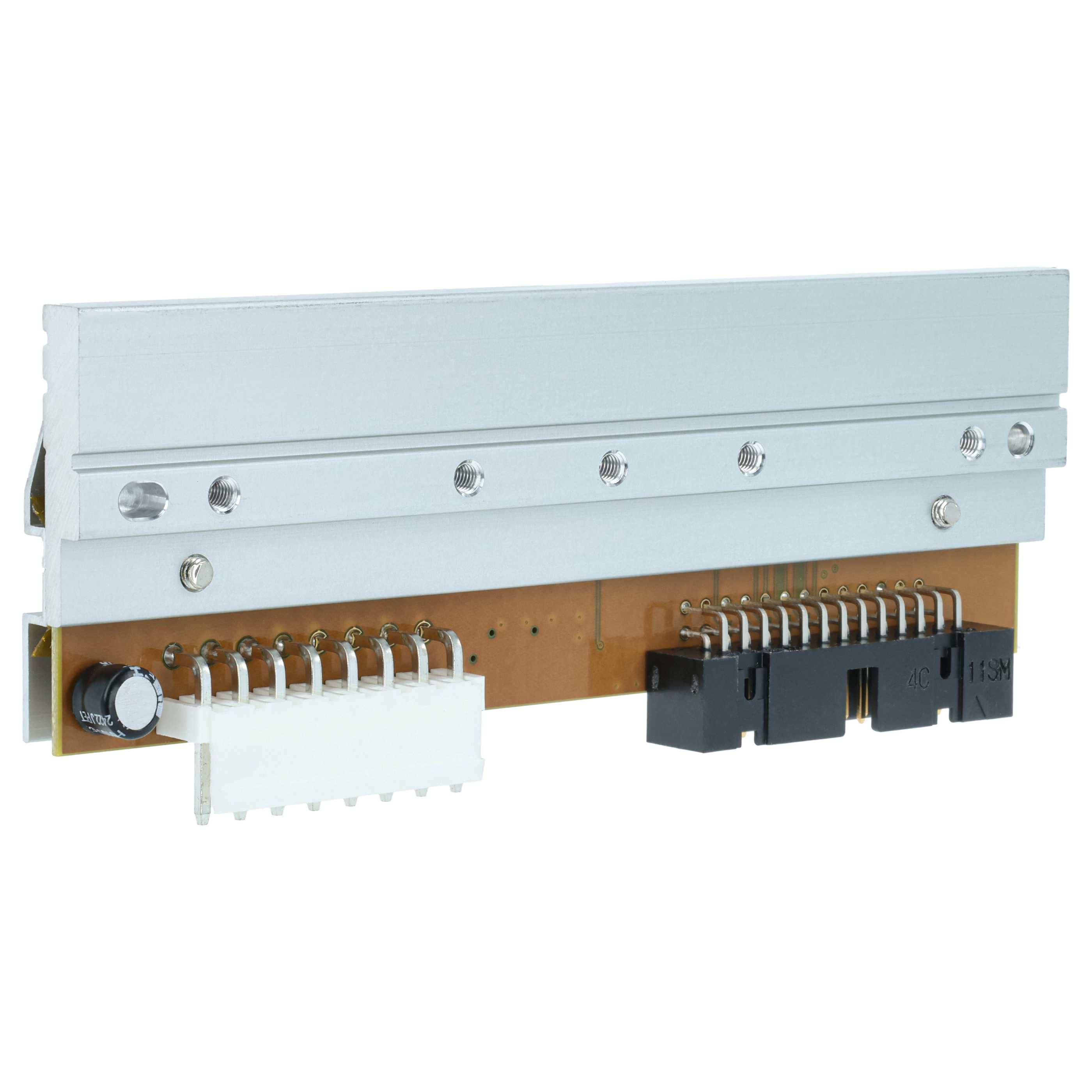 Eine Leiterplatte mit Metallsteckverbindern und mehreren Pins, wahrscheinlich Teil einer elektronischen Ausrüstung, die vor einem einfarbigen Hintergrund dargestellt ist.
