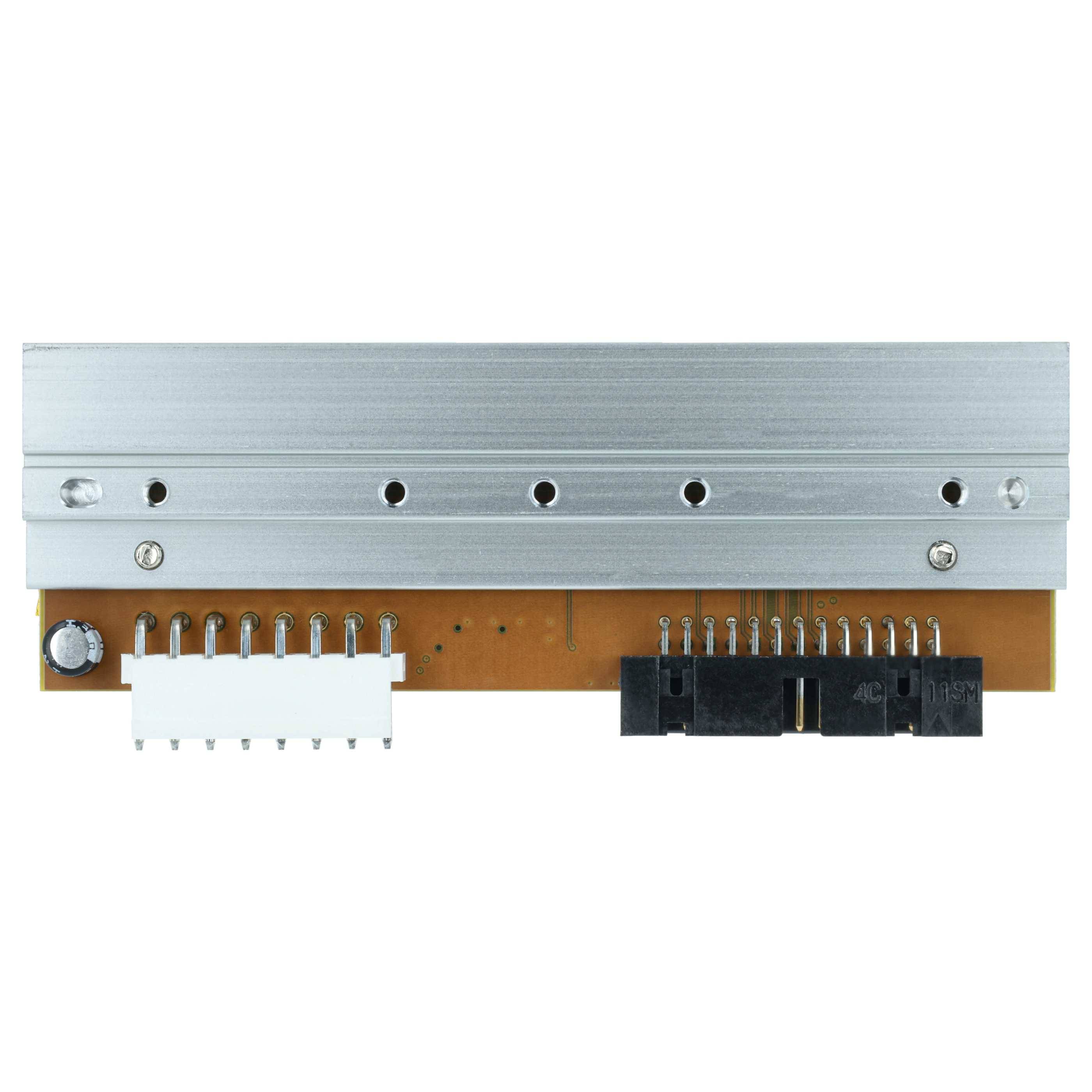 Elektronische Komponente mit einem silbernen Metallgehäuse und sichtbarer Leiterplatte, ausgestattet mit Anschlüssen und verschiedenen kleinen elektronischen Bauteilen.