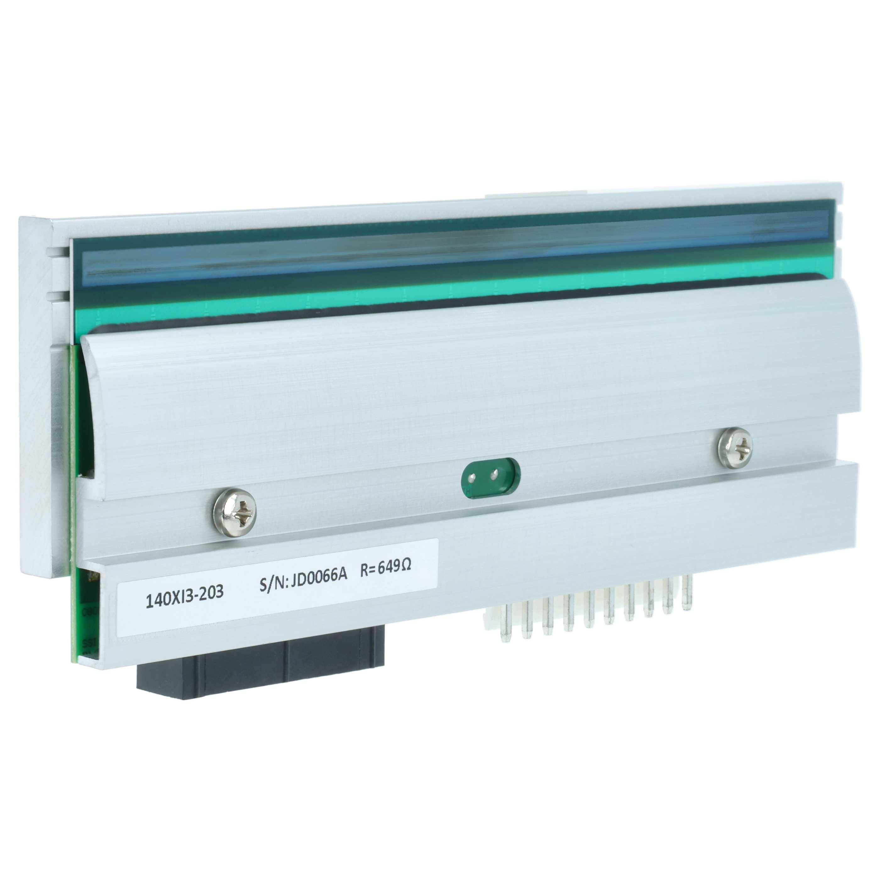Eine Metallrechteck-Elektronikkomponente mit Leiterplattenanschlüssen und sichtbarer Seriennummer '140XI3-203 S/N:J0066A R-649Ω'.