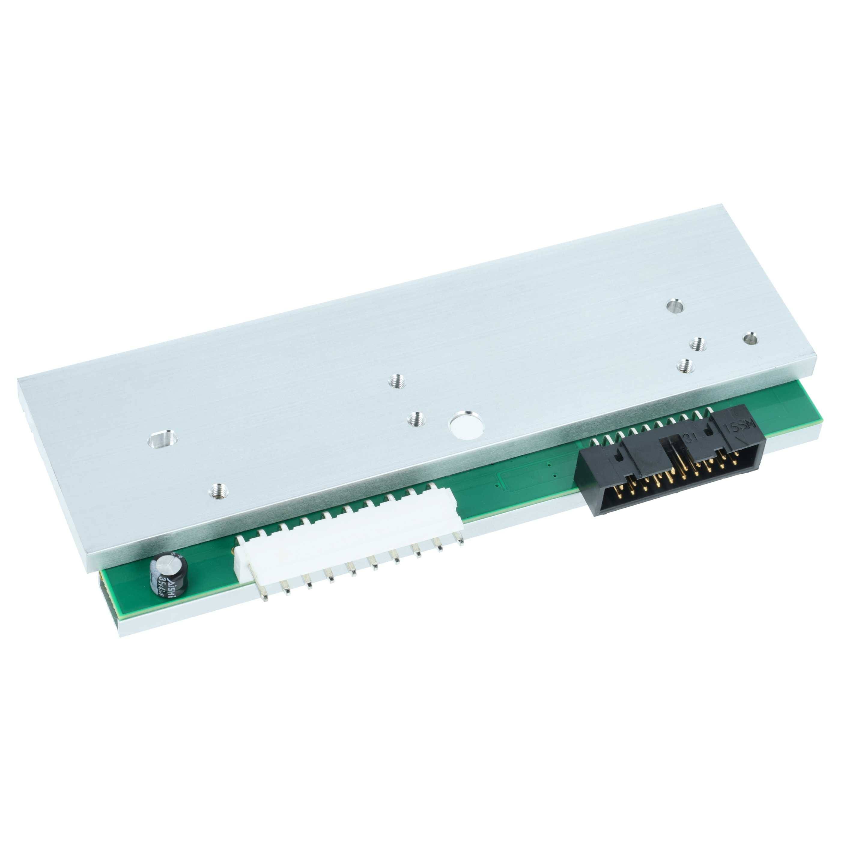 Eine rechteckige elektronische Leiterplatte mit Anschlüssen und einem Metallgehäuse, wahrscheinlich Teil eines größeren elektronischen Geräts.