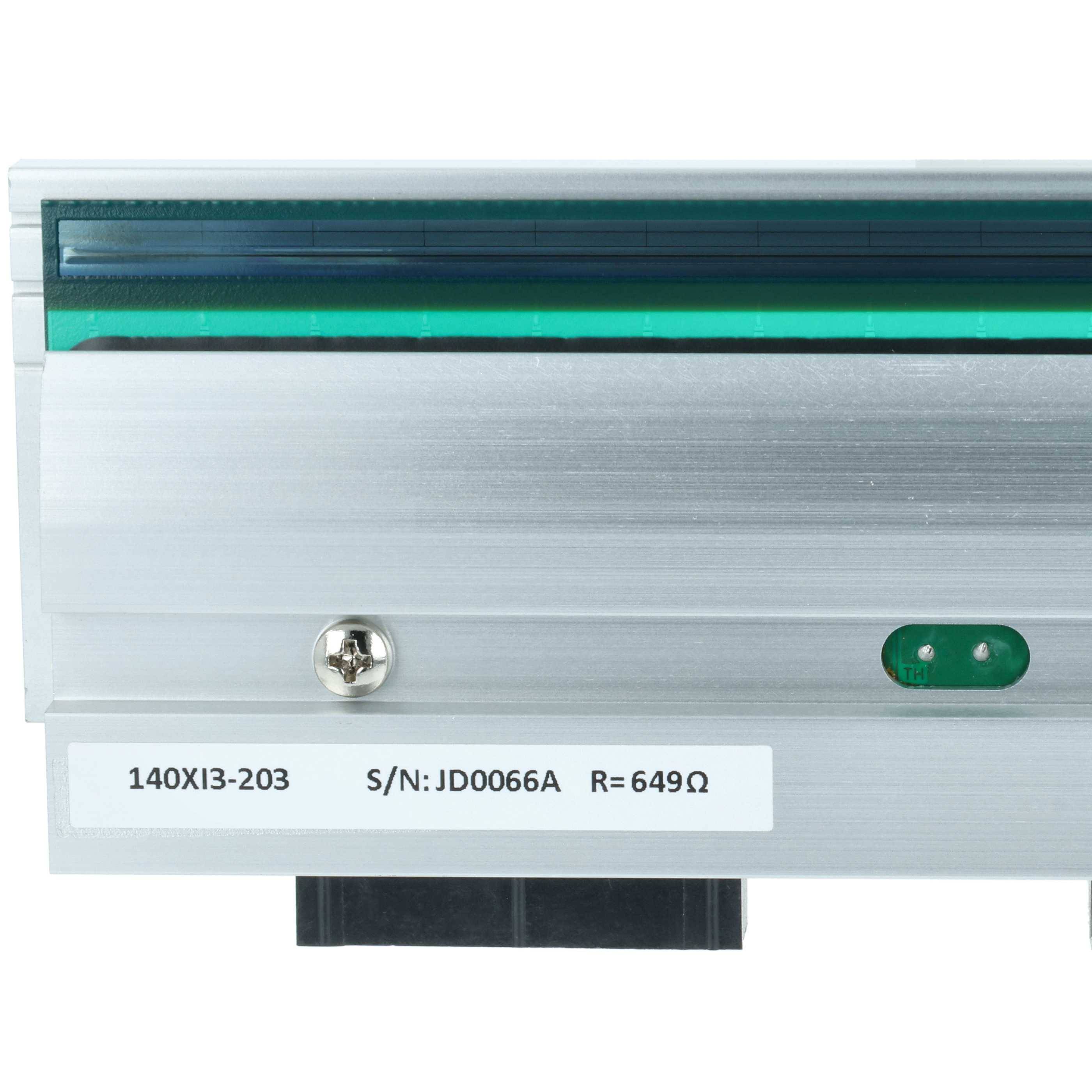Eine Metalloberfläche mit einem Etikett, auf dem '140XI3-203 S/N: JD0066A R=649Ω' steht, und daneben eine grüne Kontrollleuchte.