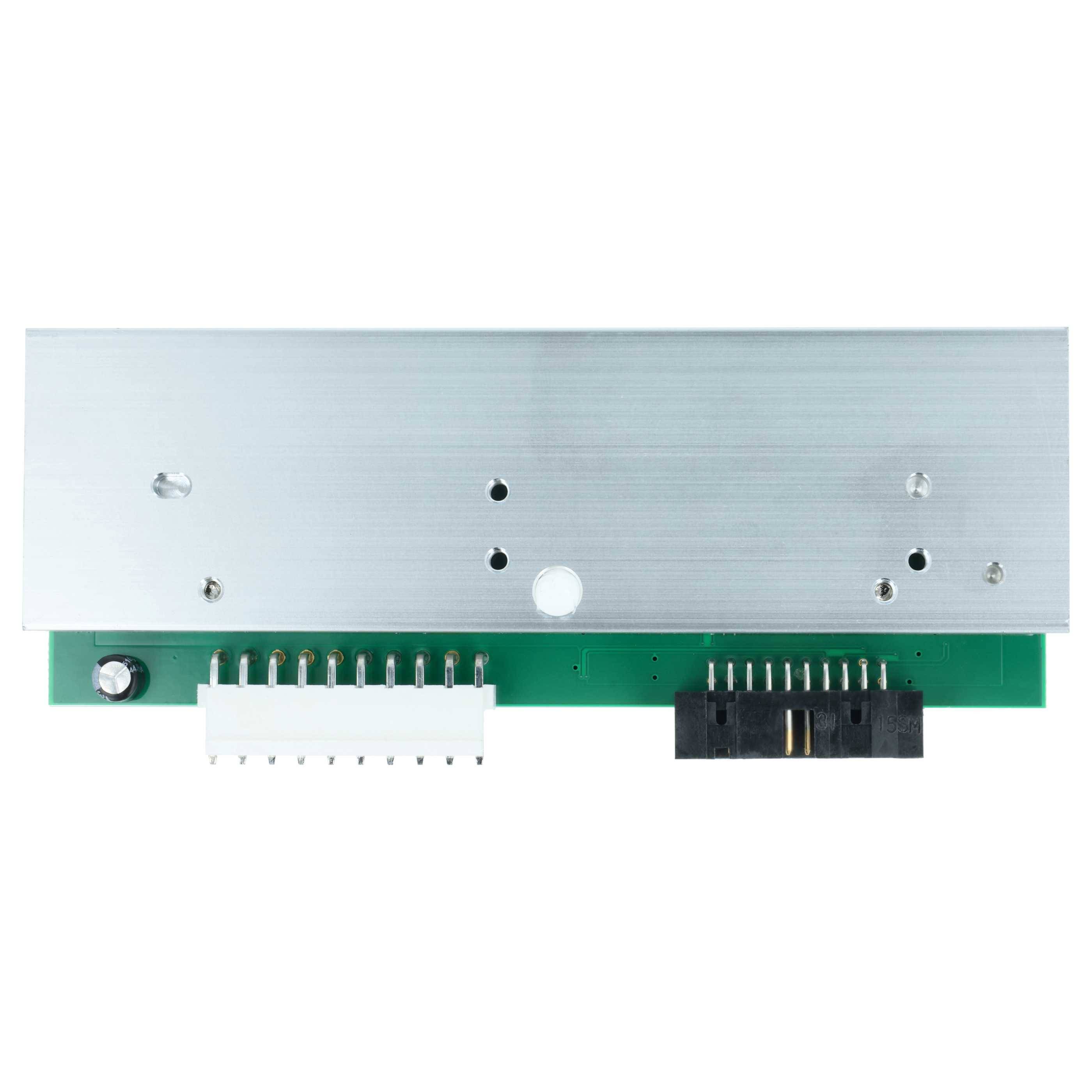 Eine Leiterplatte aus Metall und Grün mit verschiedenen Anschlüssen und Montagebohrungen, von oben betrachtet.