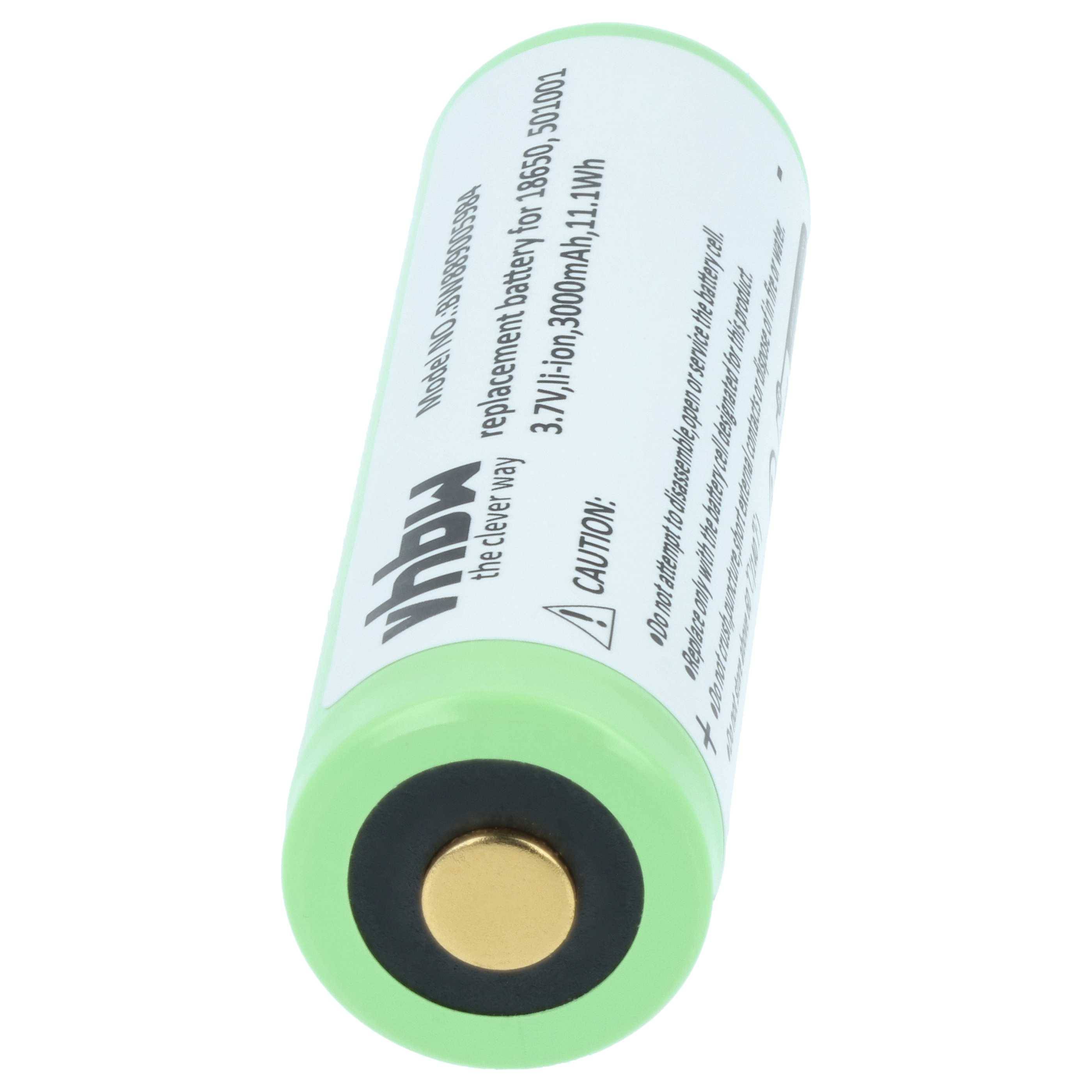 Eine zylindrische Ersatzbatterie mit grüner und weißer Beschriftung, die eine Spannung von 3,7V und eine Kapazität von 3000mAh der Marke vhbw zeigt.