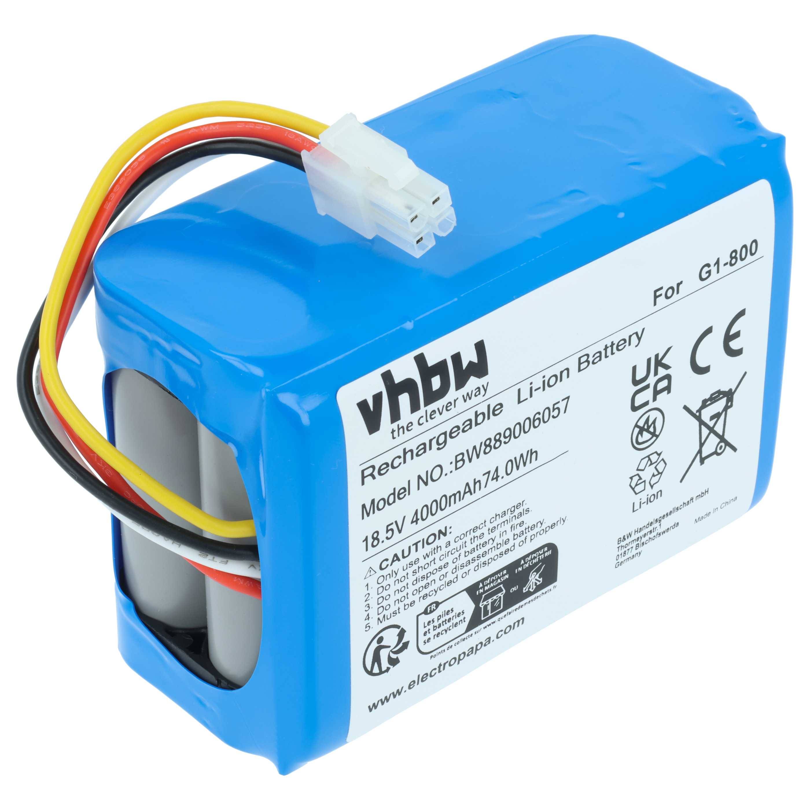 Aufladbarer Li-Ion-Akku mit der Bezeichnung 'vhbw', 18,5V, 4000mAh, in blauem Gehäuse mit mehreren Kabeln und Anschluss; Warn- und Zertifizierungssymbole sichtbar.