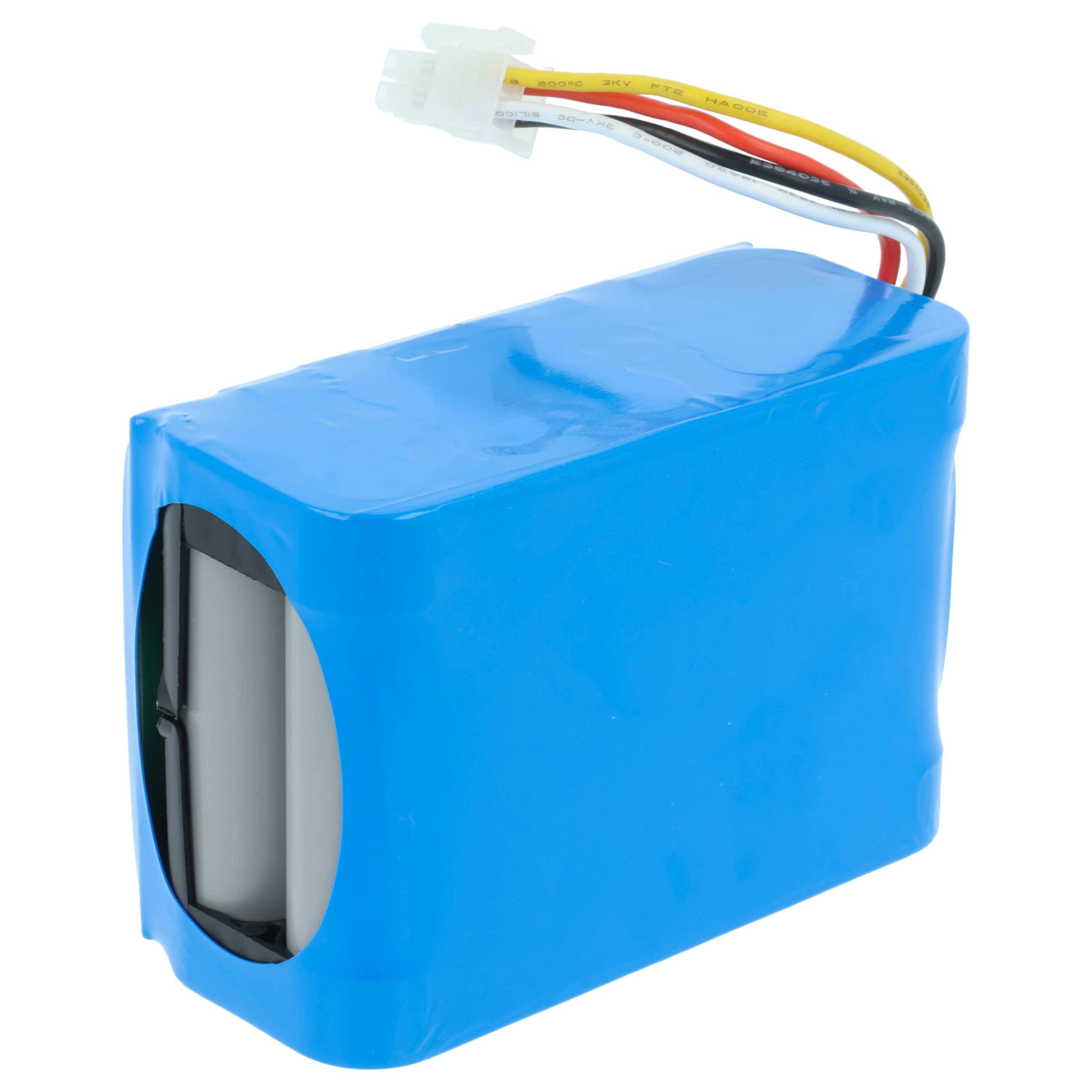 Ein blauer Lithium-Ionen-Akkupack mit roten, schwarzen und gelben Kabeln, die von oben herausragen und in einem weißen Stecker enden.