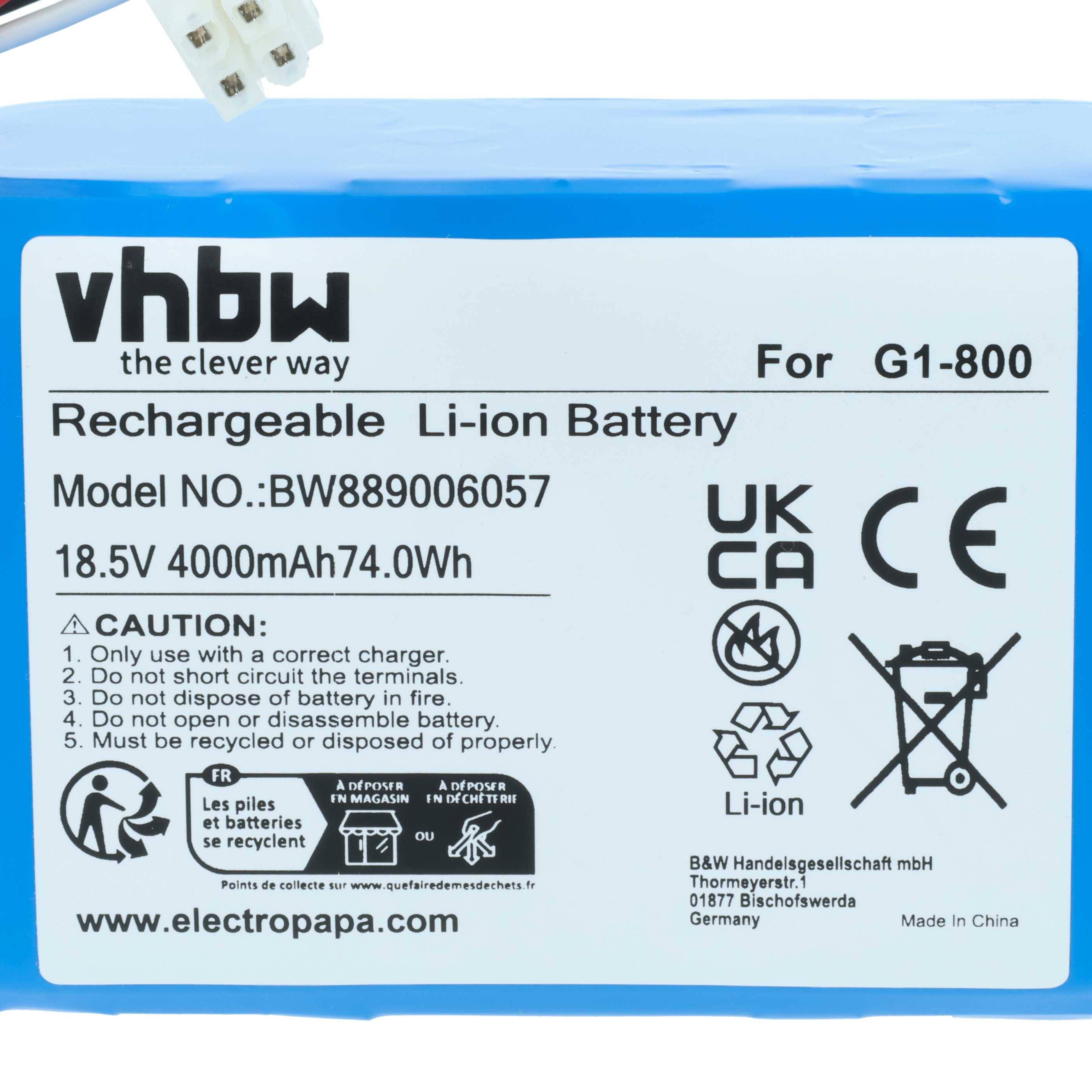 Blaue Lithium-Ionen-Batteriekennzeichnung mit Spezifikationen: Modell-Nr.: BW8890060B57, 18,5V 4000mAh 74,0Wh, geeignet für G1-800 Geräte.