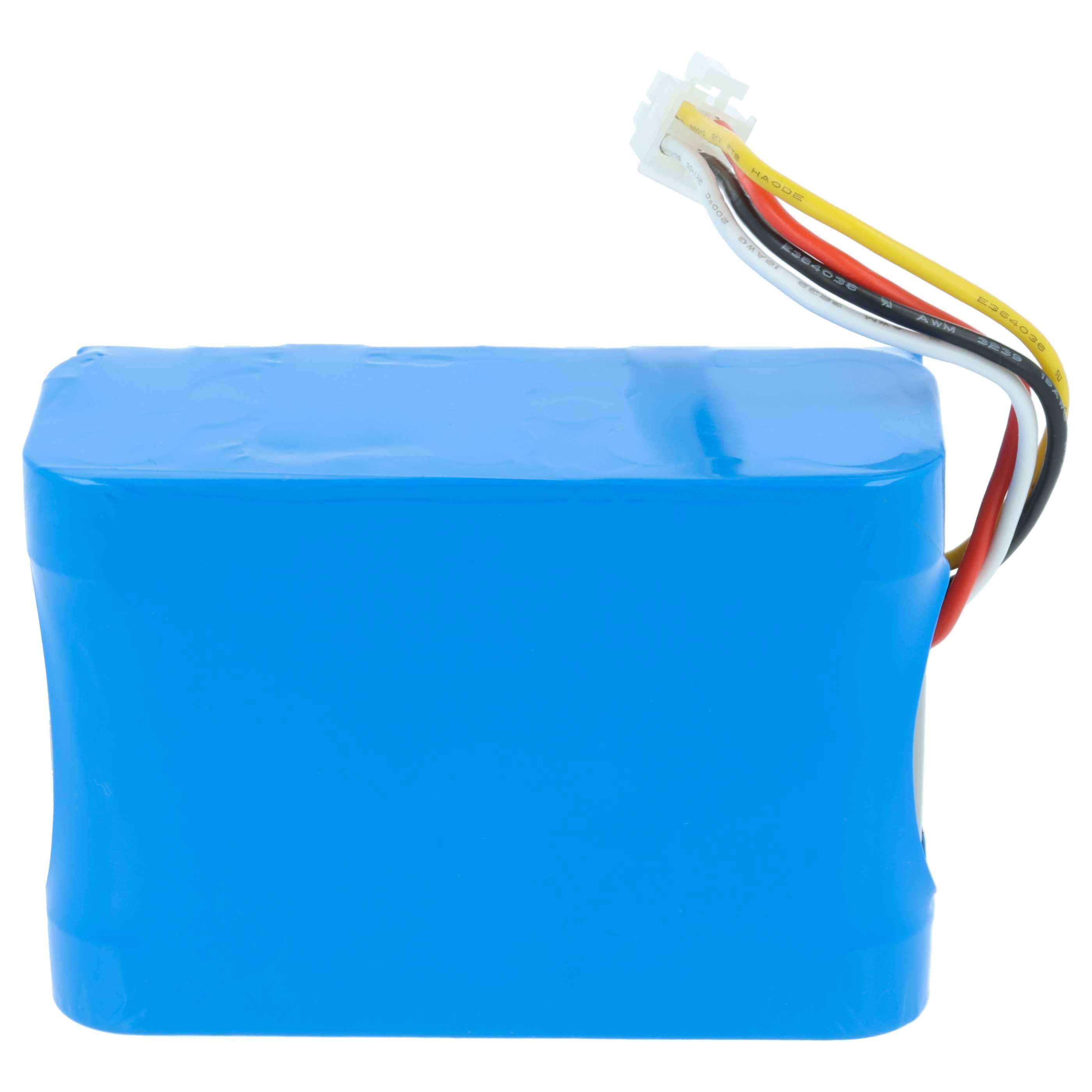 Ein blauer rechteckiger Akkupack mit mehrfarbigen Kabeln, die oben angeschlossen sind.
